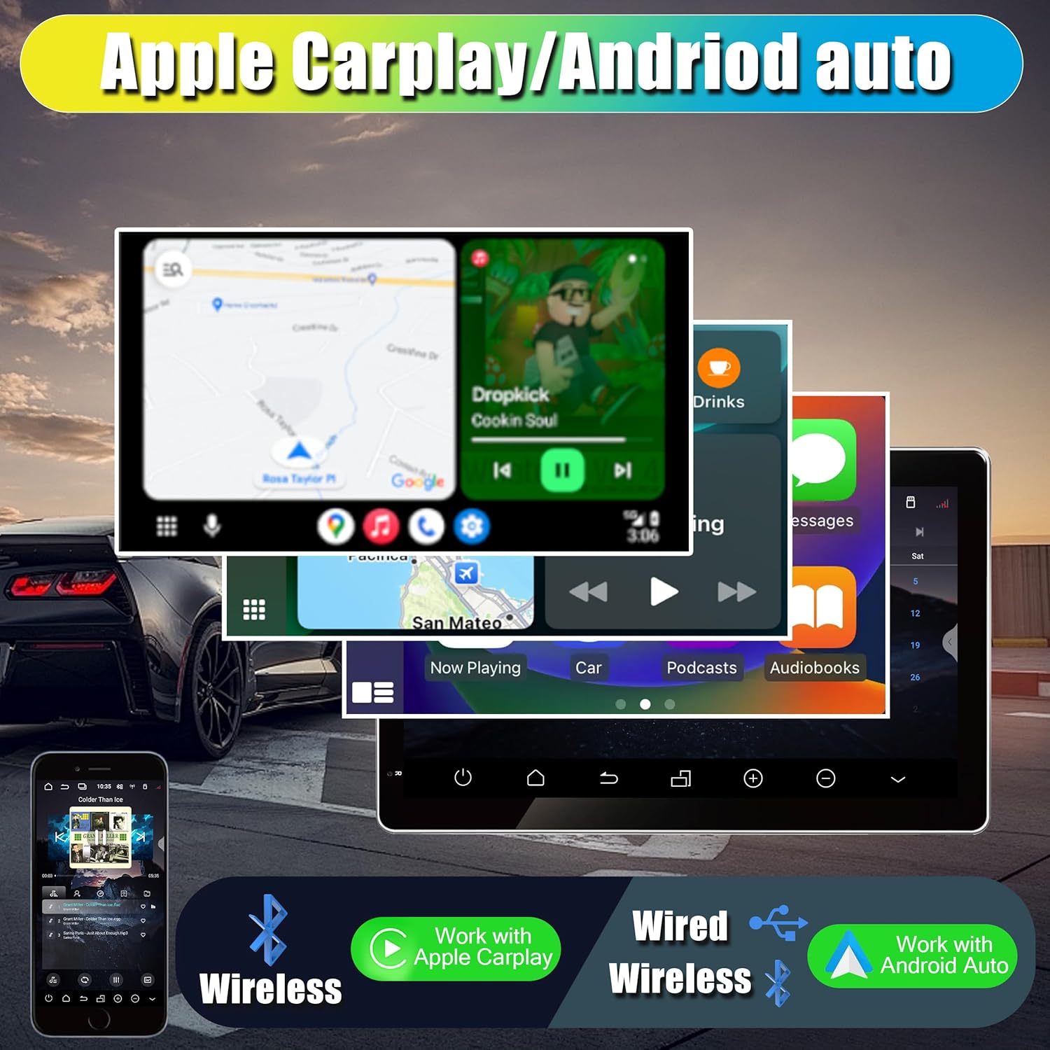 Screenshot of the car radio display showing Apple CarPlay and Android Auto interfaces.