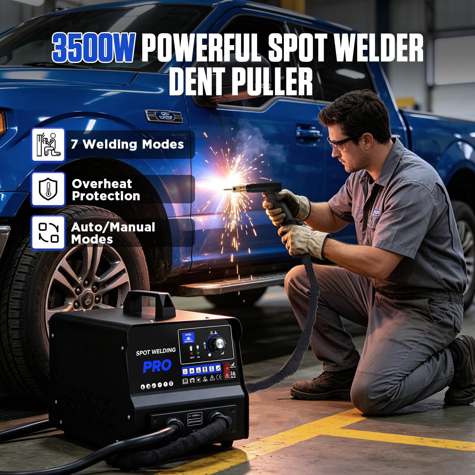 Soldador de espigas 3500W, reparación abolladuras auto, doble modo auto/manual, calentamiento por pulso y protección térmica. Pistola chapa 6 modos para sedán, SUV, camioneta