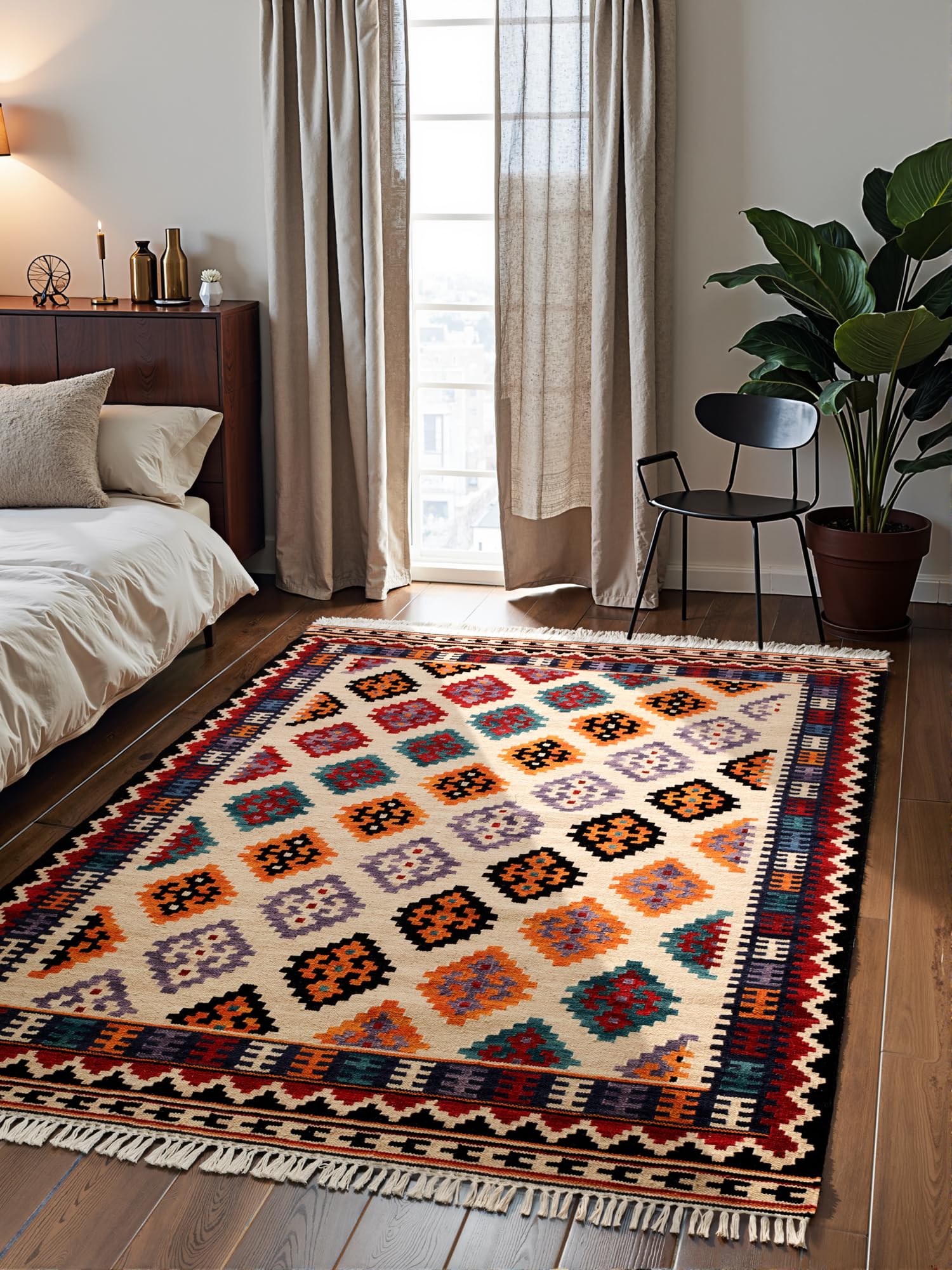 Hanse Home Afghan Kelim Tapis Kian - Tapis traditionnel coloré tissé à la main en laine et coton - Style afghan oriental avec franges - Pour salon, chambre à coucher - Crème multicolore - 120 x 170 cm