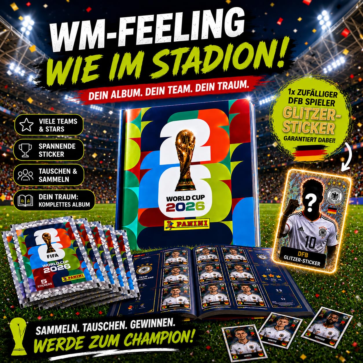 Panini Album di Adesivi Originale 2026 Mondiali Set di Base XXL Starter Set XL Copertina Morbida 6 Sacchetti Adesivi Germania