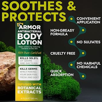 Antibacterial Body Lotion Kills 99.9% of Germs, Bacteria & Sanitizes Skin | Helps Sanitize Skin, Infused with Botanical Extracts, Fresh, Soft & Moisturized Skin, Kills 99.9% of Germs & Bacteria 4 Fl Oz