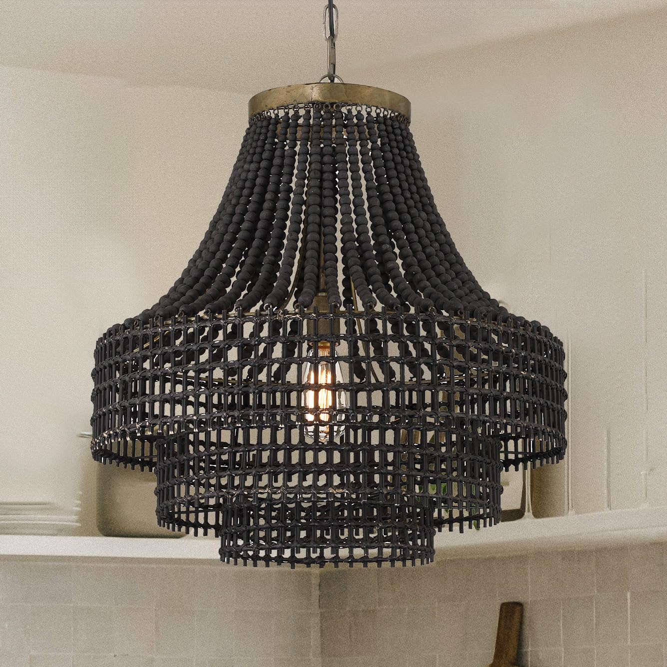 Creative Co-Op Metal, Rattan and Wood Bead Chandelier, Black