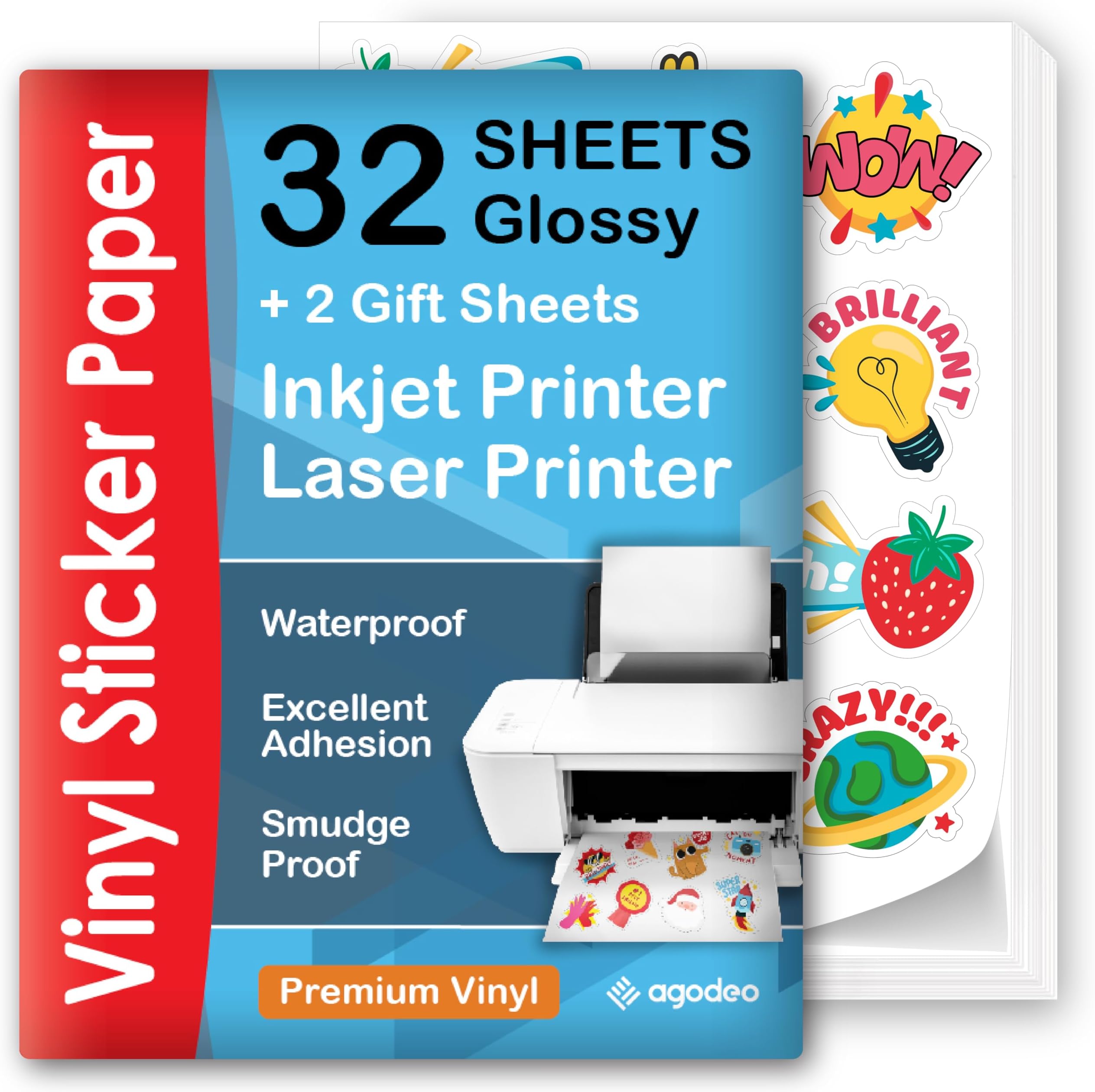 Premium Printable Vinyl Sticker Paper for Inkjet & Laser Printer - 32 Sheets Self-Adhesive Sheets Glossy White Waterproof, Dries Quickly Vivid Colors, Holds Ink well- Tear Resistant (Glossy)