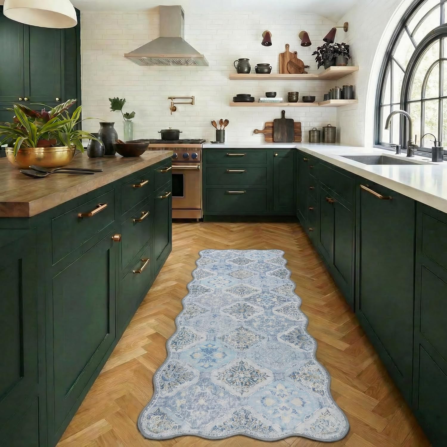 Moroccan 2x6 Rug Runners for Hallways, Unique Scalloped Ultra-Thin Soft Washable Rug, Non-Slip Stain Resistant Lightweight Low-Pile Carpet for Living Room Bedroom Dining Room(Blue Grey)