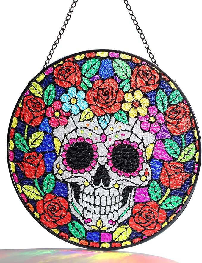 Day of The Dead Decorations - 7.8in Sugar Skull & Rose Decor for Mexican Party Decorations, Hanging Painted Glass Panel Sun Catcher for Dia De Los Muertos