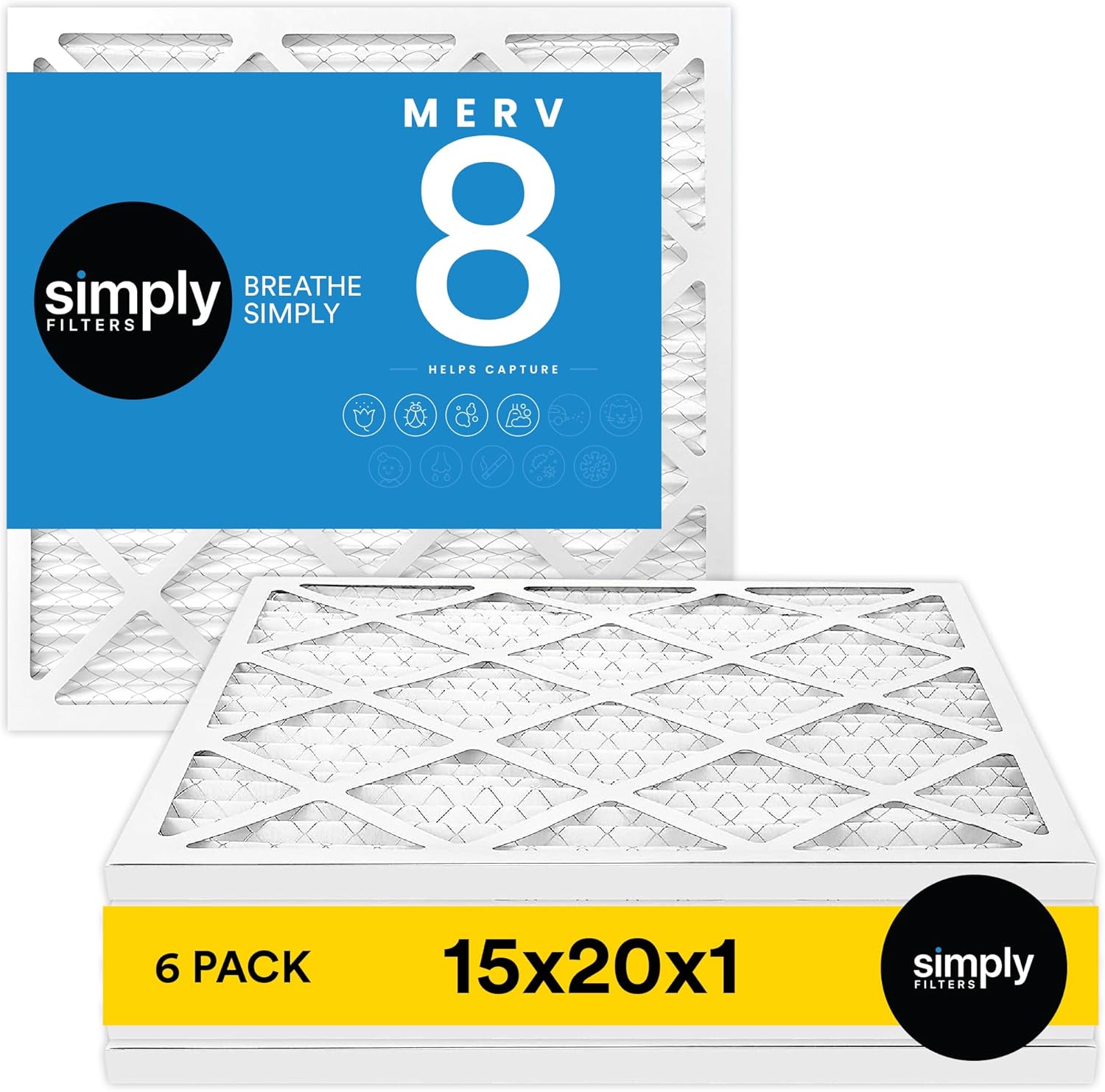 Simply 15x20x1 Air Filter, Merv 8, 6 Pack, For Home AC Furnace & HVAC (Actual Size: 14.75"x19.75"x0.75") DUST, Pet, & Allergy Control