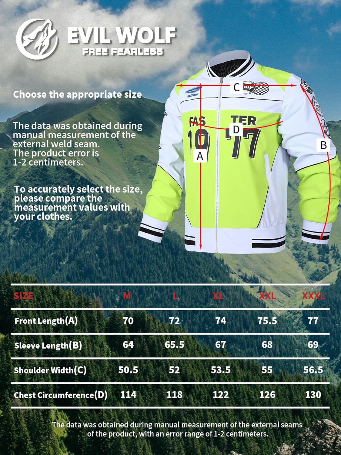 EVIL WOLF Men's Graphic Bomber Jacket, Neon Color Block, Baseball Collar, Full-Zip, Casual Streetwear