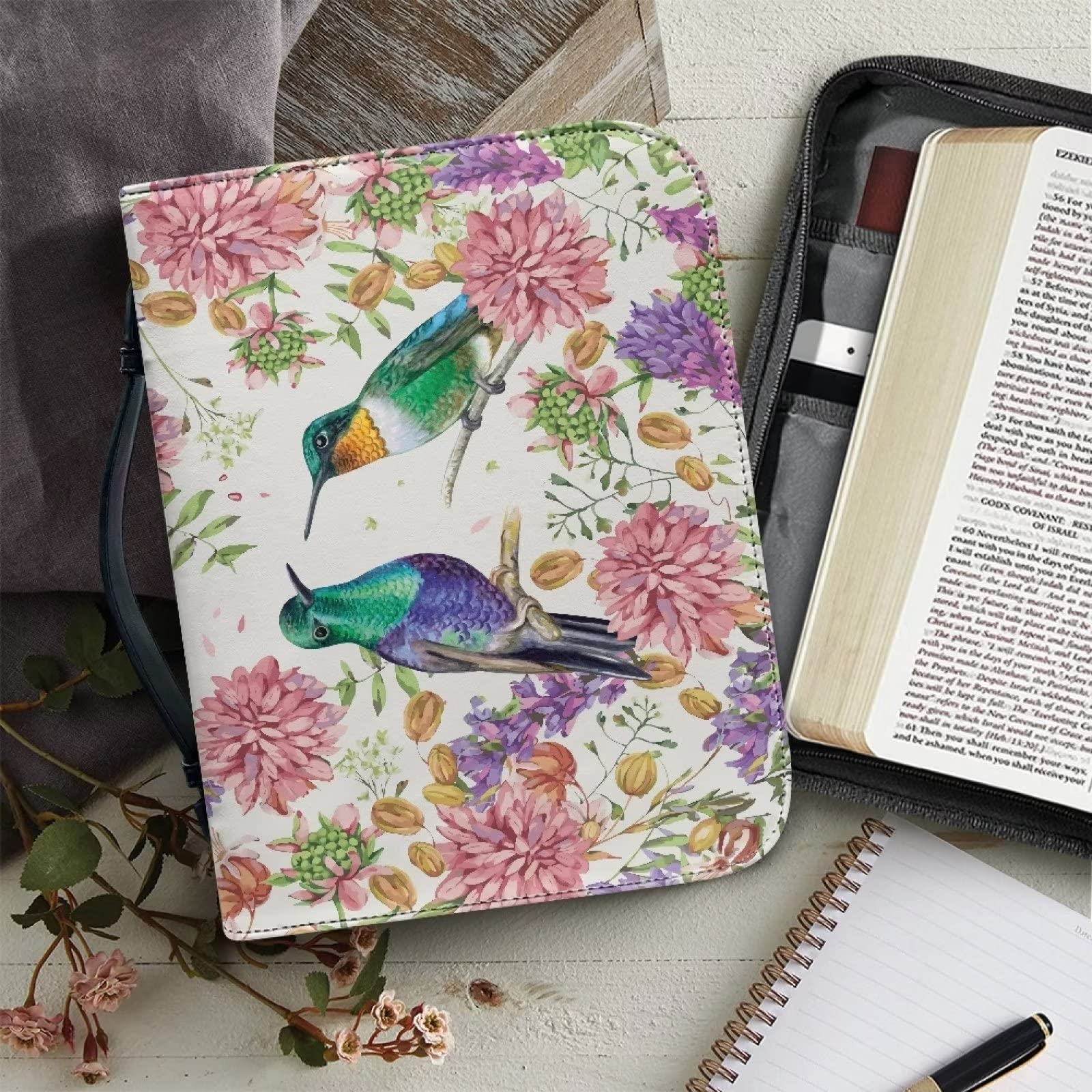 Copertina Bibbia Pelle Sintetica Custodia Bibbia Con Fiore Colibrì - Borsa Organizer In Pelle Sintetica Impermeabile Con Manico Copertura Bibbia Decorativa - 11