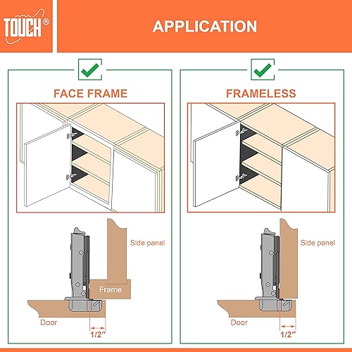 Miniatura 4 de TOUCH Bisagras de gabinete estilo europeo (20 pares, 40 piezas) Bisagras de puerta de armario con marco de cara de cierre suave, bisagras de acero