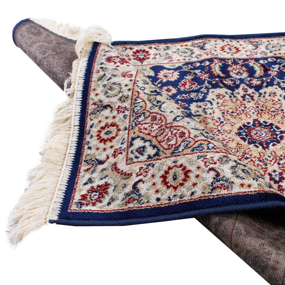 Tapis oriental perse classique SaRani avec frange dorée décor bleu bordeaux vert (140 x 200 cm, Bleu)