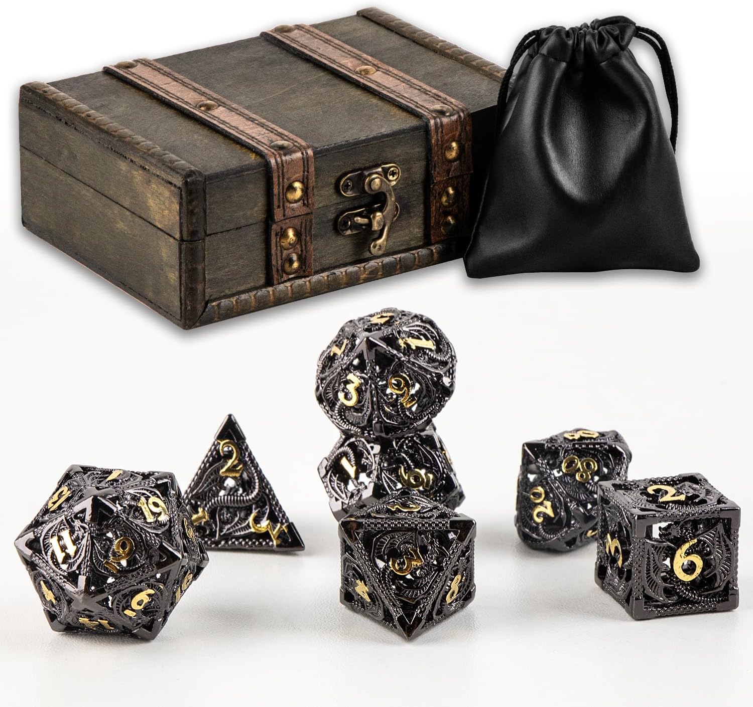 7 Pieces Hollow Metal DND Dice Set in Vintage Wooden Box & Bag - Premium Hollow Polyhedral Dice for Dungeons and Dragons, RPG Tabletop Games, Collector's Gift (Black)