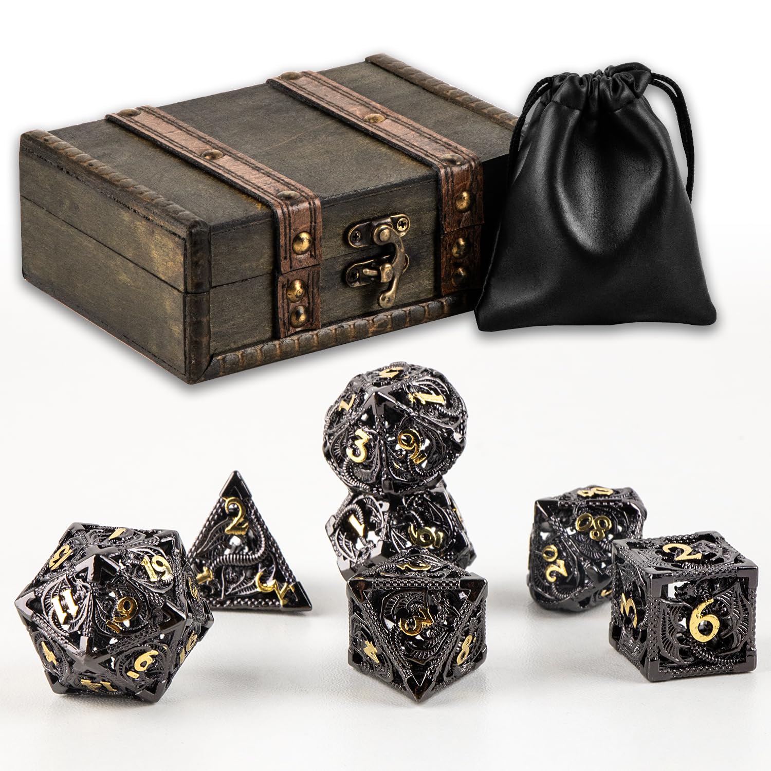 7-teiliges DND-Würfel-Set aus hohlem Metall in Vintage-Holzbox und Tasche, hochwertige hohle polyedrische Würfel für Dungeons and Dragons, RPG-Tischspiele, Sammlergeschenk