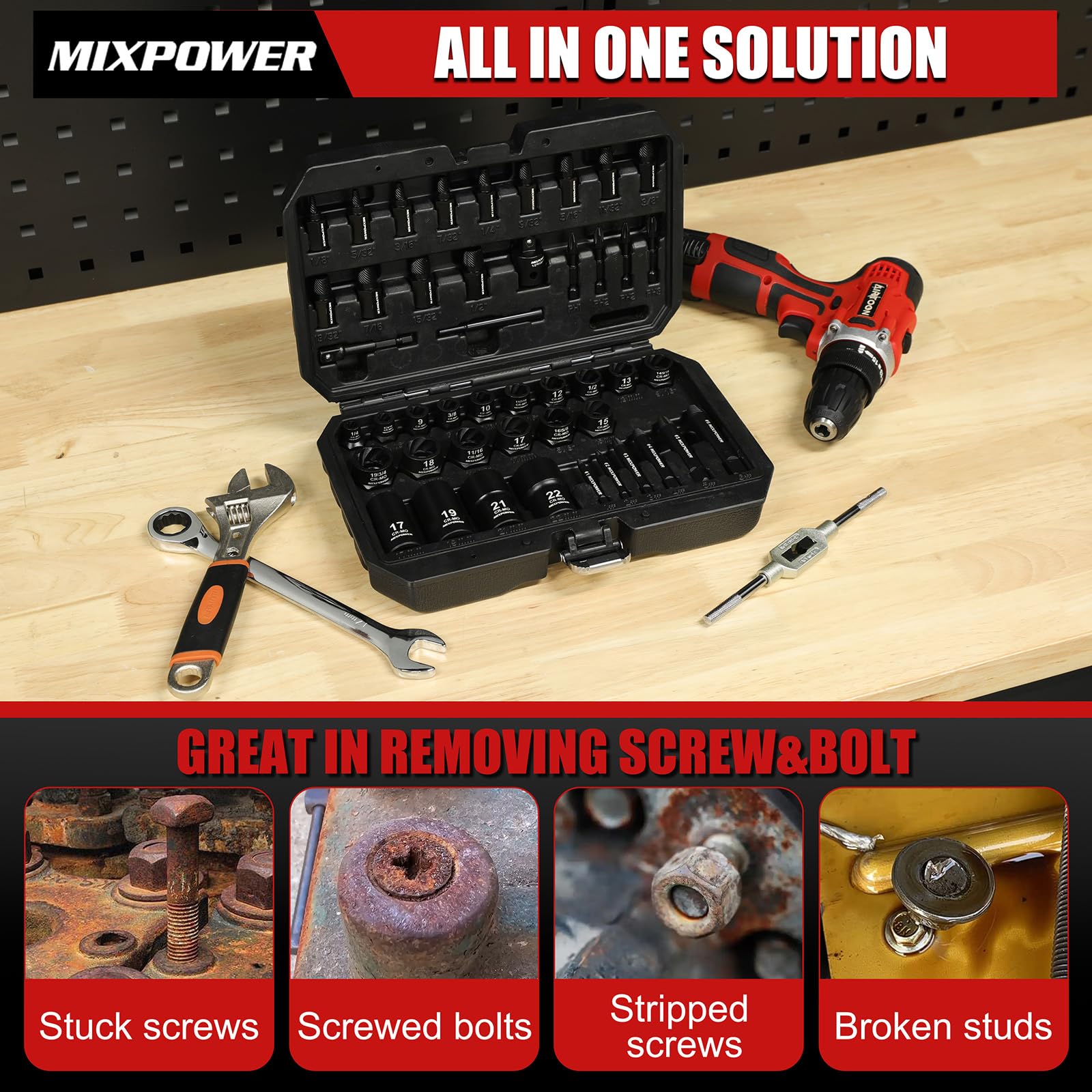 MIXPOWER Set di 46 estrattori per bulloni a percussione, kit di attrezzi per la rimozione di bulloni e dadi, estrattore di bulloni spogliati per viti e bulloni danneggiati