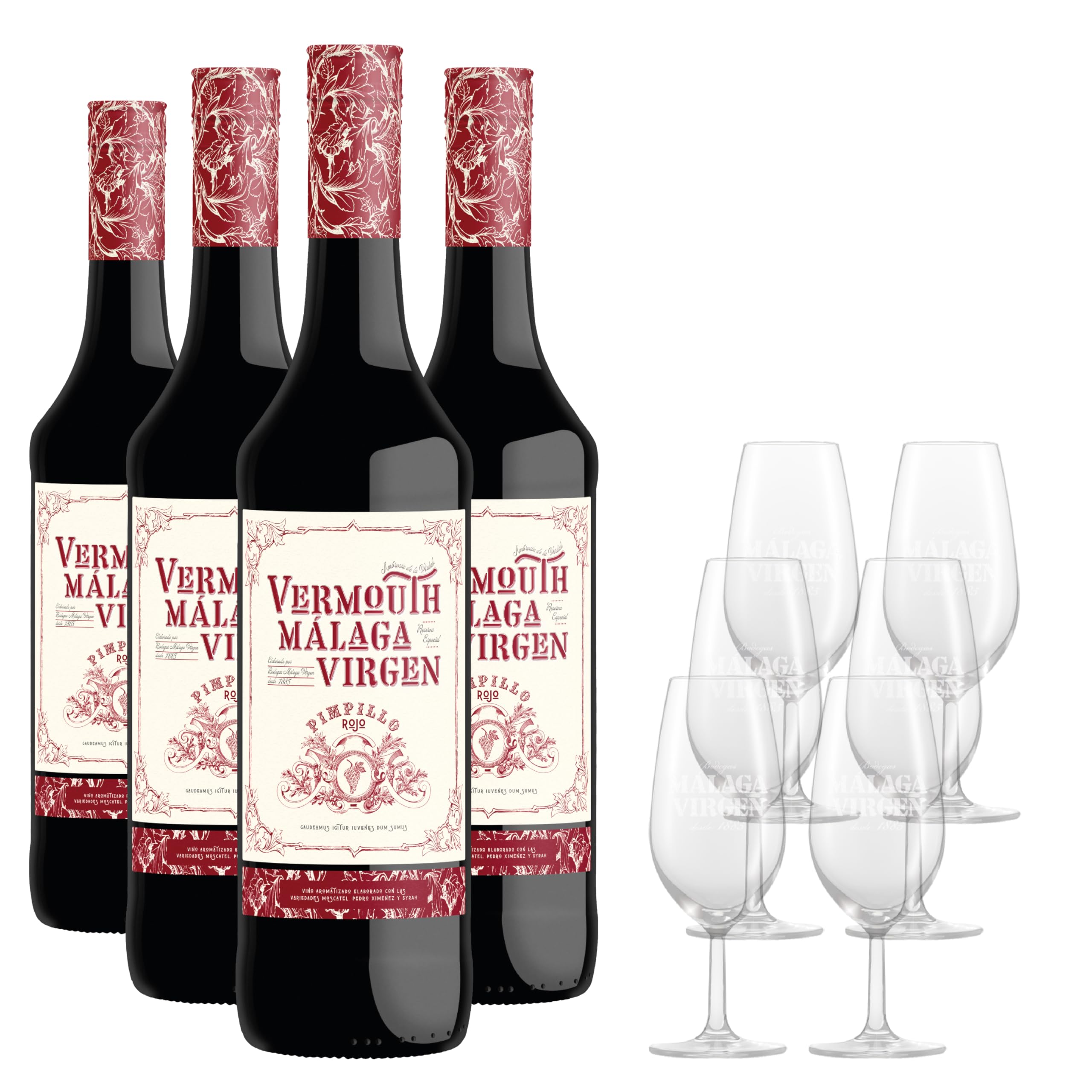 La Hora del Vermouth - Packung mit 4 Flaschen Vermouth Malaga Virgen à 75cl + 6 Weingläser. Süßer aromatischer Wein. Wermut.