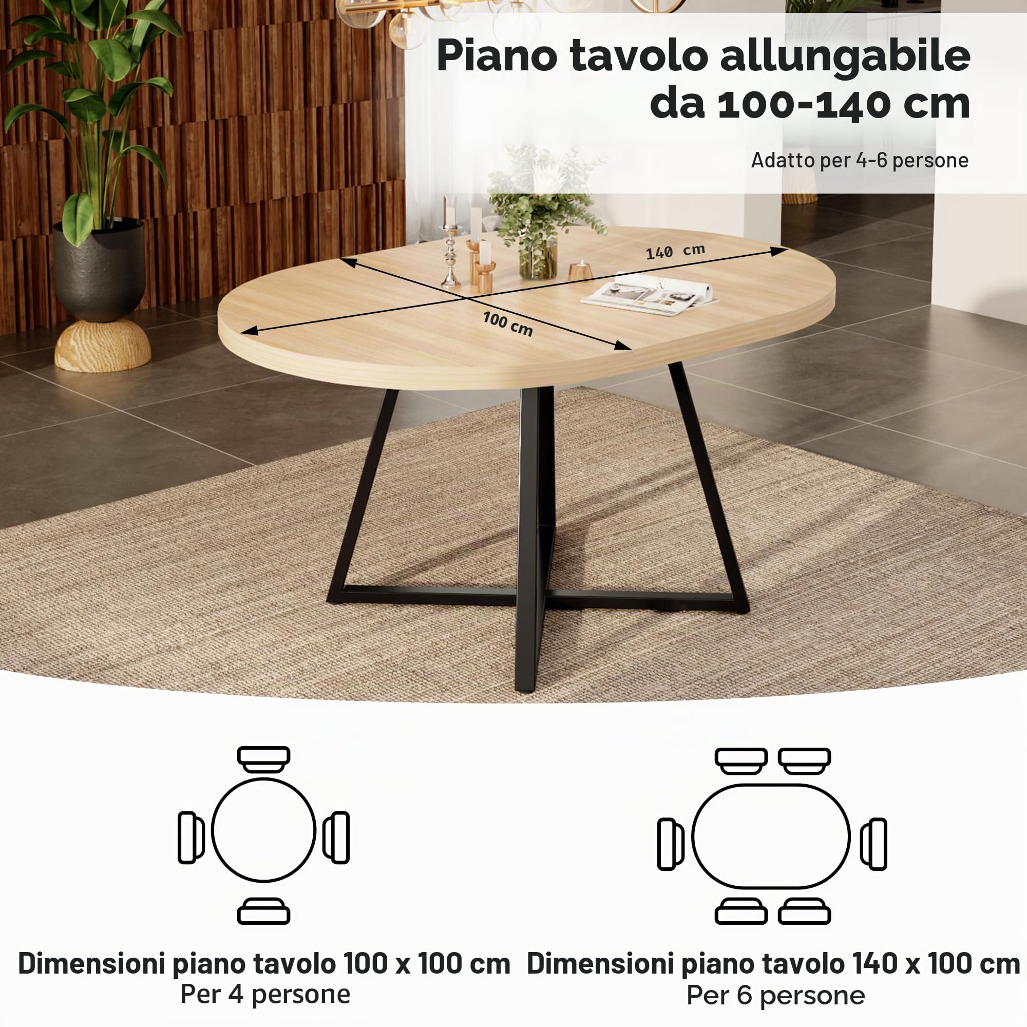 STAPERFO Tavolo da pranzo rotondo allungabile 100/140 x 100 cm per 4-6 persone – con piano in MDF spesso 3 cm e gambe in metallo stabile, salvaspazio per sala da pranzo, cucina, soggiorno (effetto
