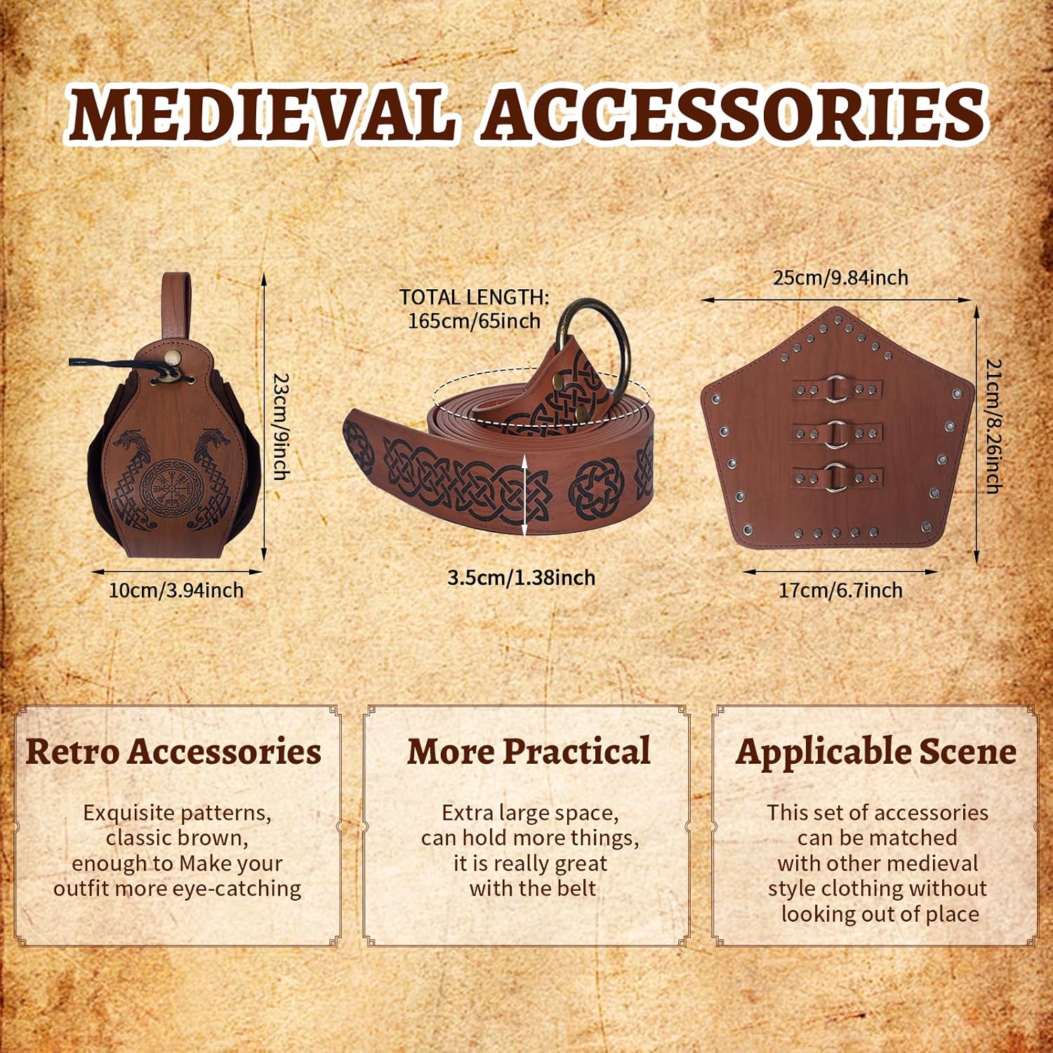 5 Pcs Renaissance Women Costume Medieval Hooded skirt Vintage Arm Guard Printed Belt and Waist bag - Image 6