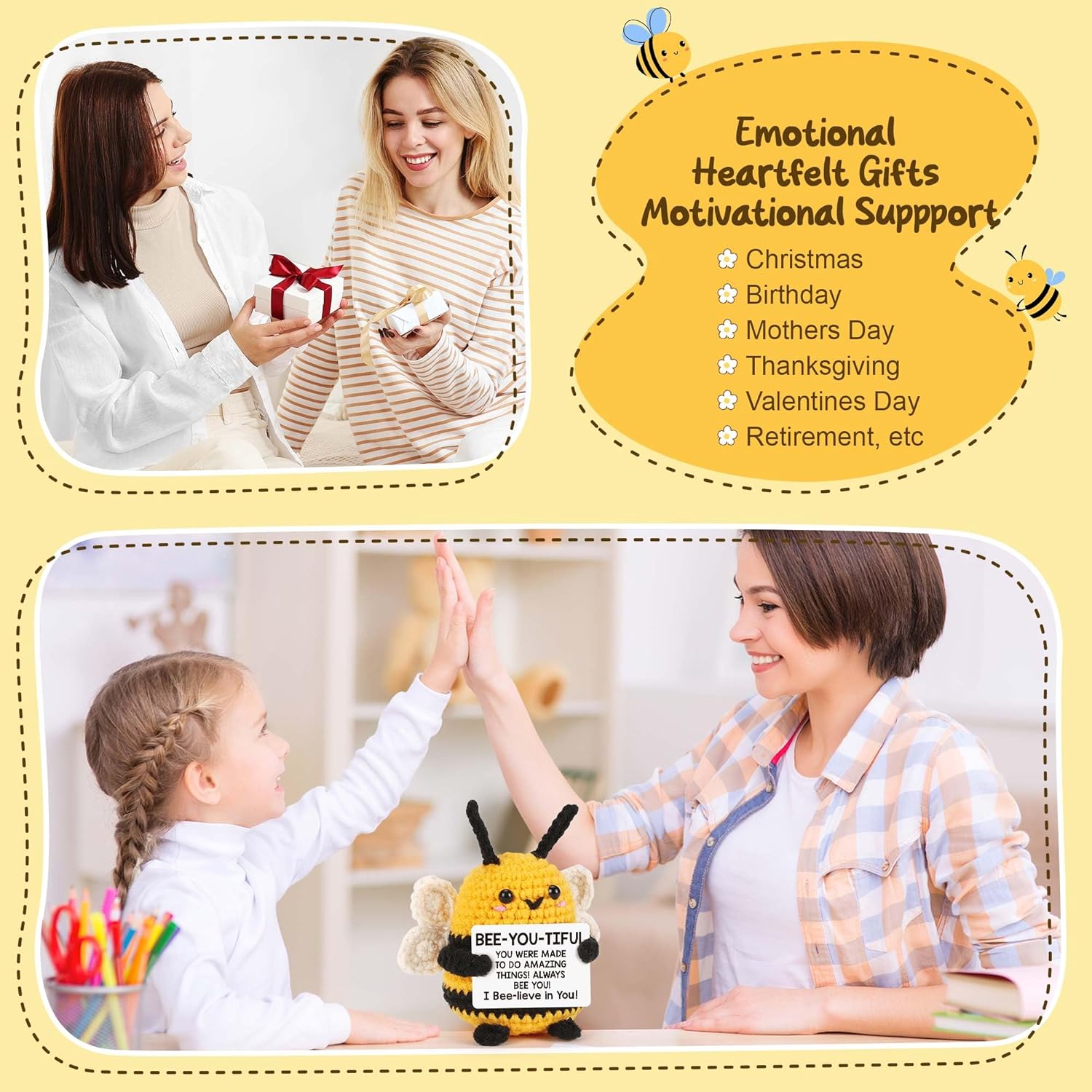 LEJIAJINW Valentines Encouragement Gifts for Women, Teens, Funny Valentines Day Bee Decor for Her, Best Friend, Sister, Cute Handmade Crochet Bee Cheer Up Birthday Graduation Gifts Easter Basket - Image 8