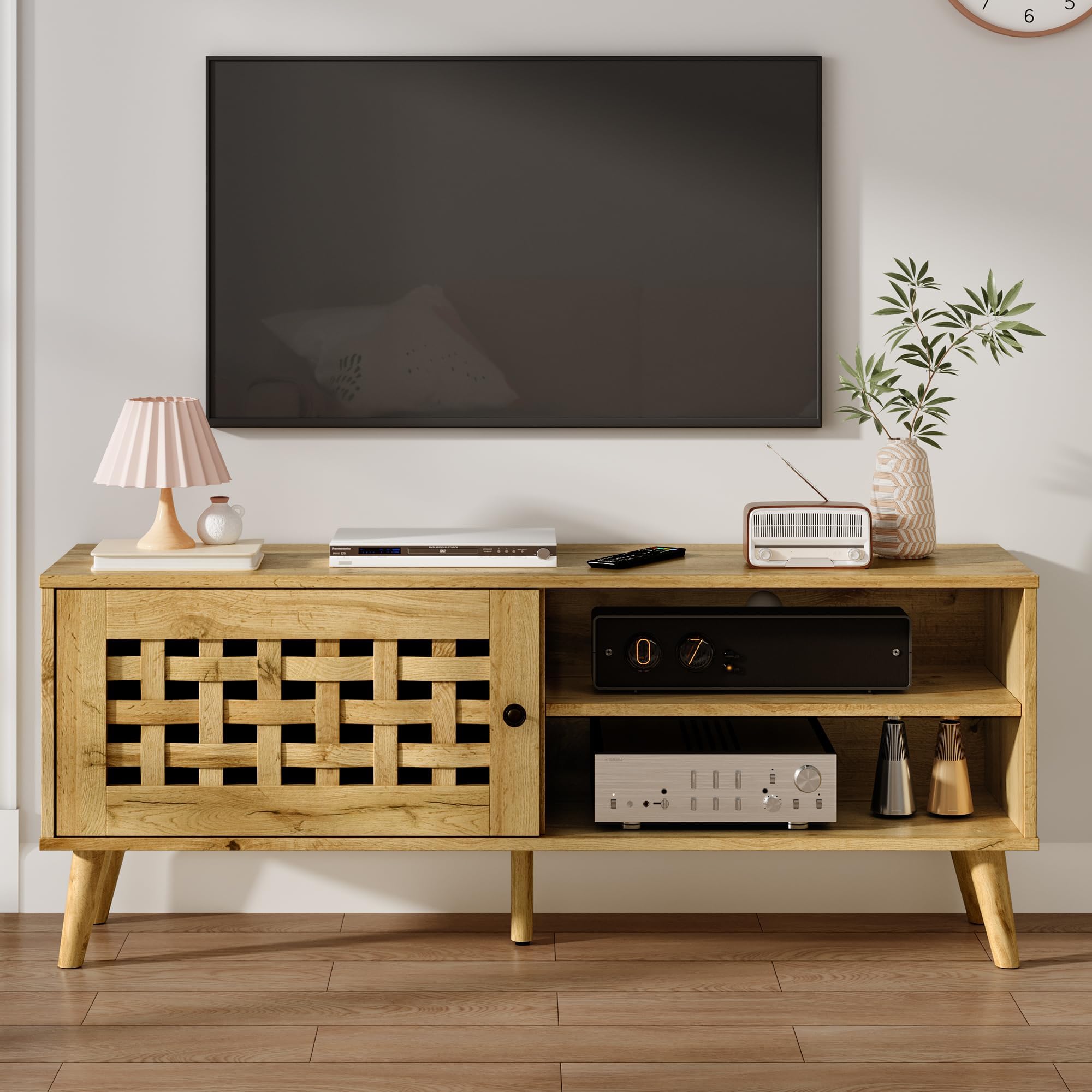 RoyalCraft Rattan TV Stand, Fluted TV Stand with Storage, 47 inch Rattan Entertainment Center, Media Console Cabinet for Living Room, Bedroom