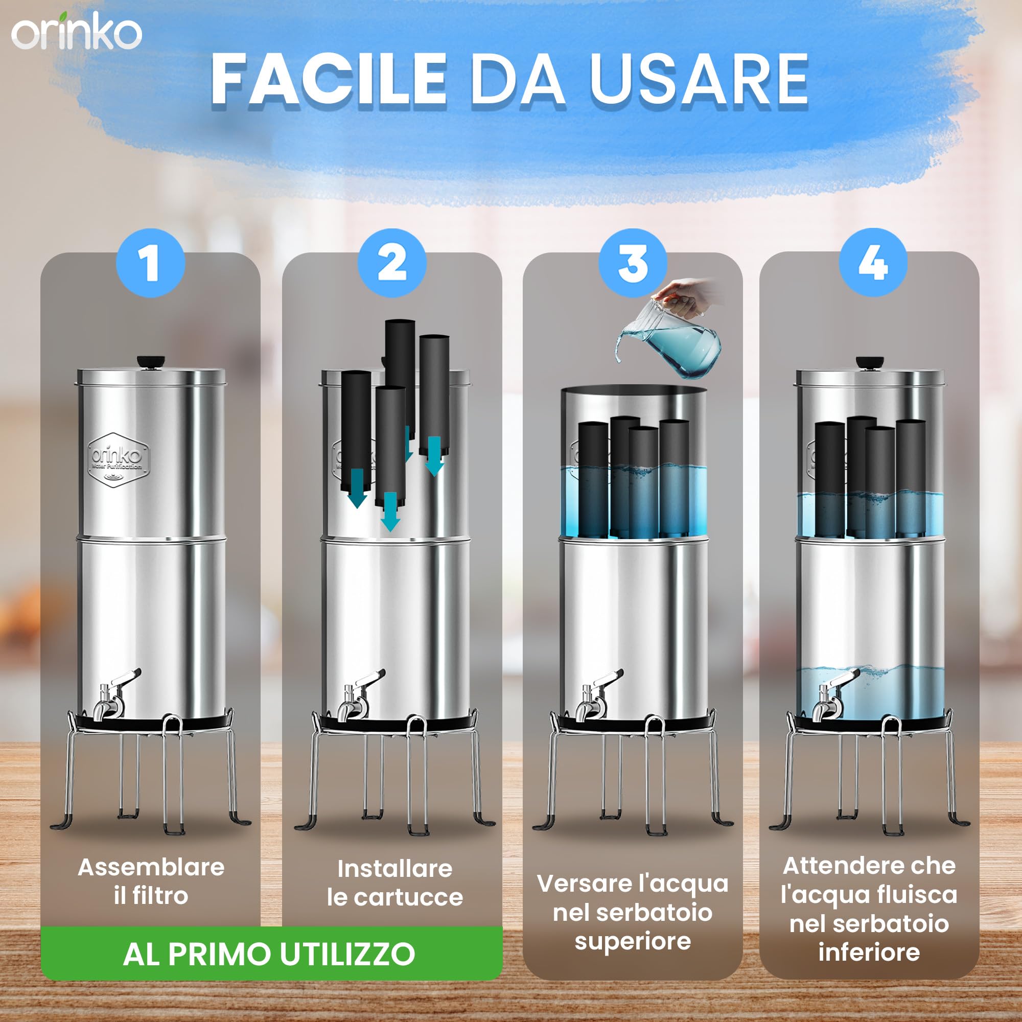 ORINKO Filtro acqua per gravità 8,5 litri con 4 cartucce, purificatore d'acqua con carbone attivo, fontana filtrante per acqua del rubinetto, acqua piovana e altro, filtro avanzato