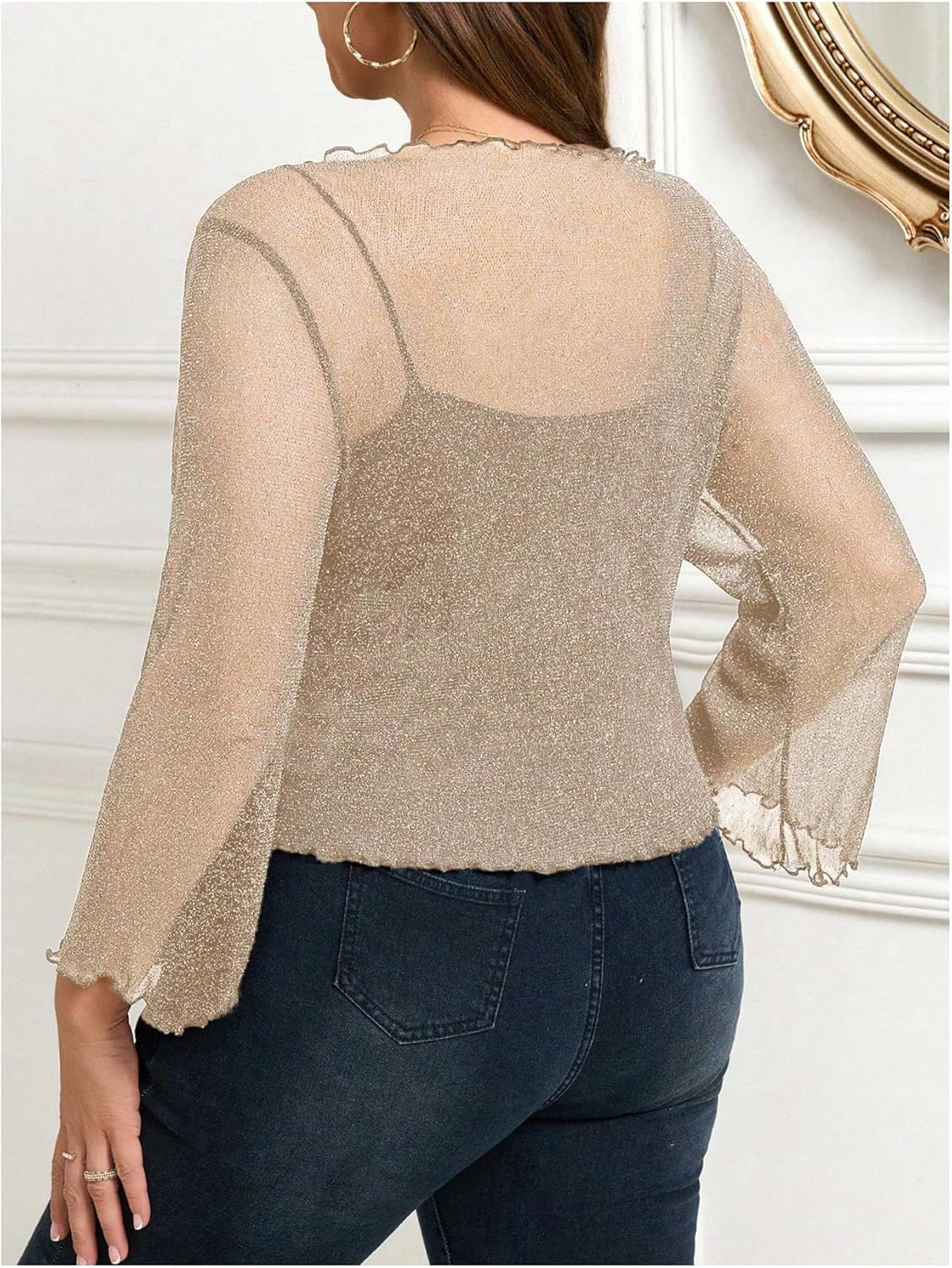 OYOANGLE Women's Plus Size Glitter Long Sleeve Sheer Tie Front Cardigans Party Lightweight Bolero Shrug - Image 2