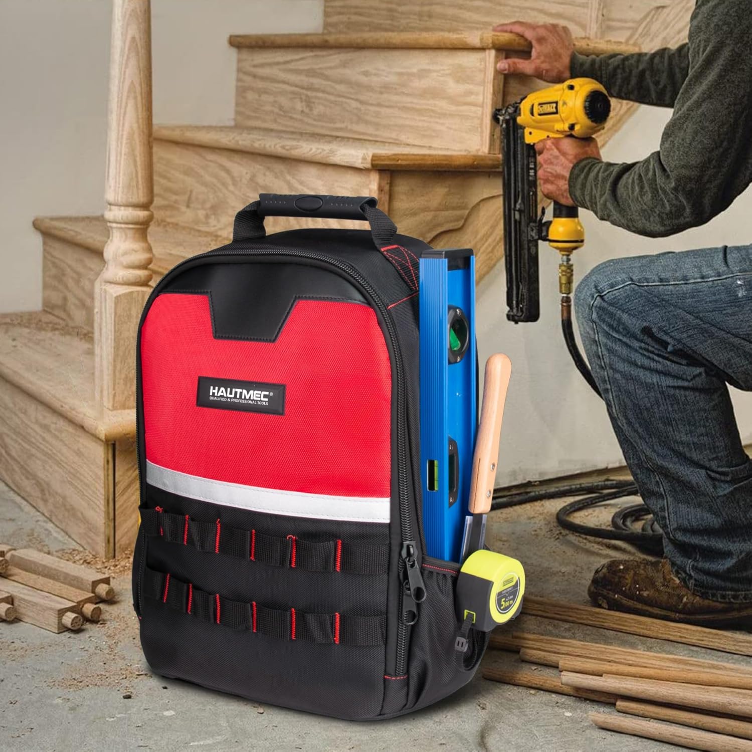 HAUTMEC Tool Backpack with Laptop Compartment, Heavy-Duty 1680D Oxford Tool Bag with Impact-Resistant Base, 11 Pockets, Padded Straps, Portable Tool Organizer for Technicians, Contractors – HT0407