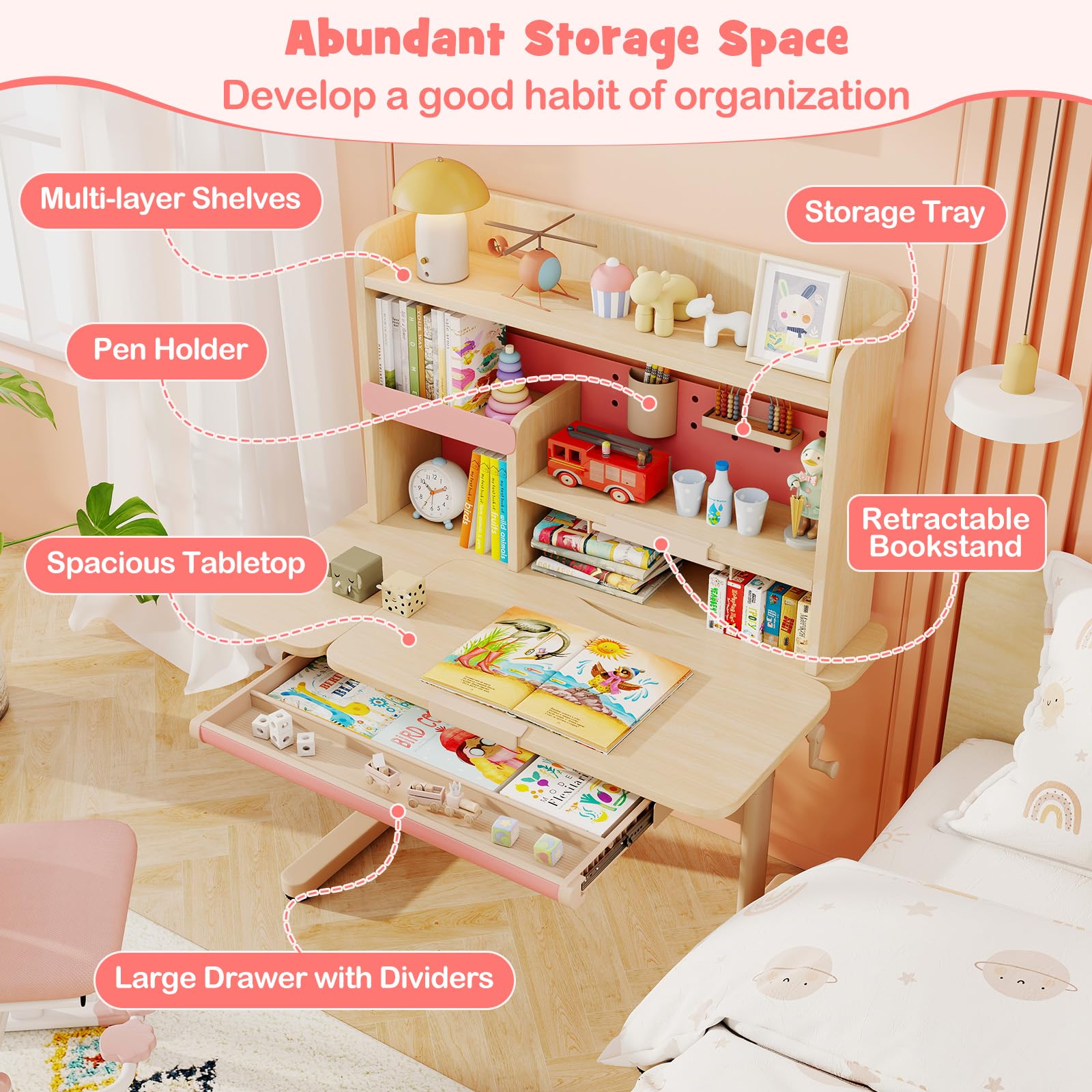 LIFEZEAL Scrivania Bambini 3-12 Anni, Banco Scuola, 100x60cm, Ergonomico, Altezza Regolabile, Piano Inclinabile, con Libreria, Leggio per Libri, Cassetto, Tavolino da Studio, per Cameretta (rosa)