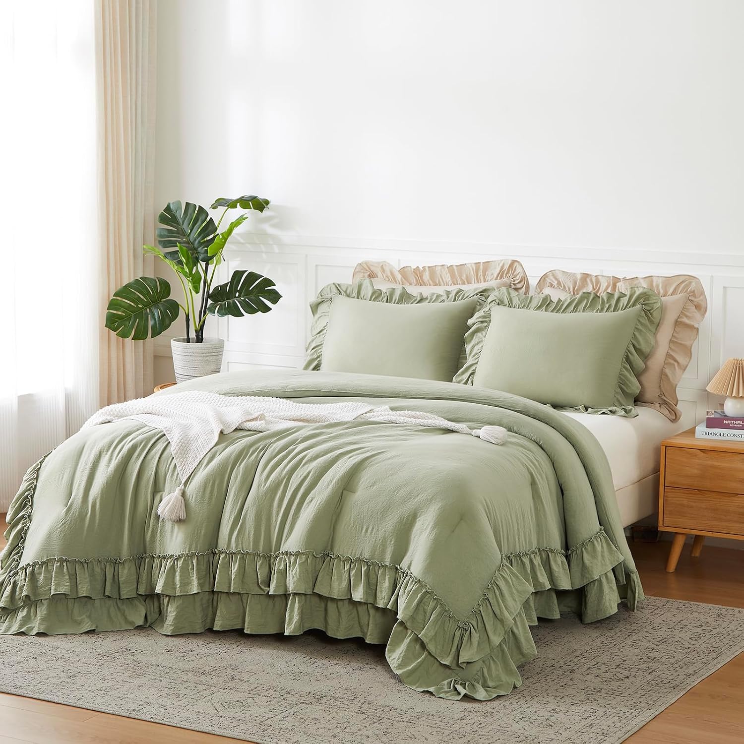 Double Ruffle Sage Green Comforter Queen Size Farmhouse Bedding