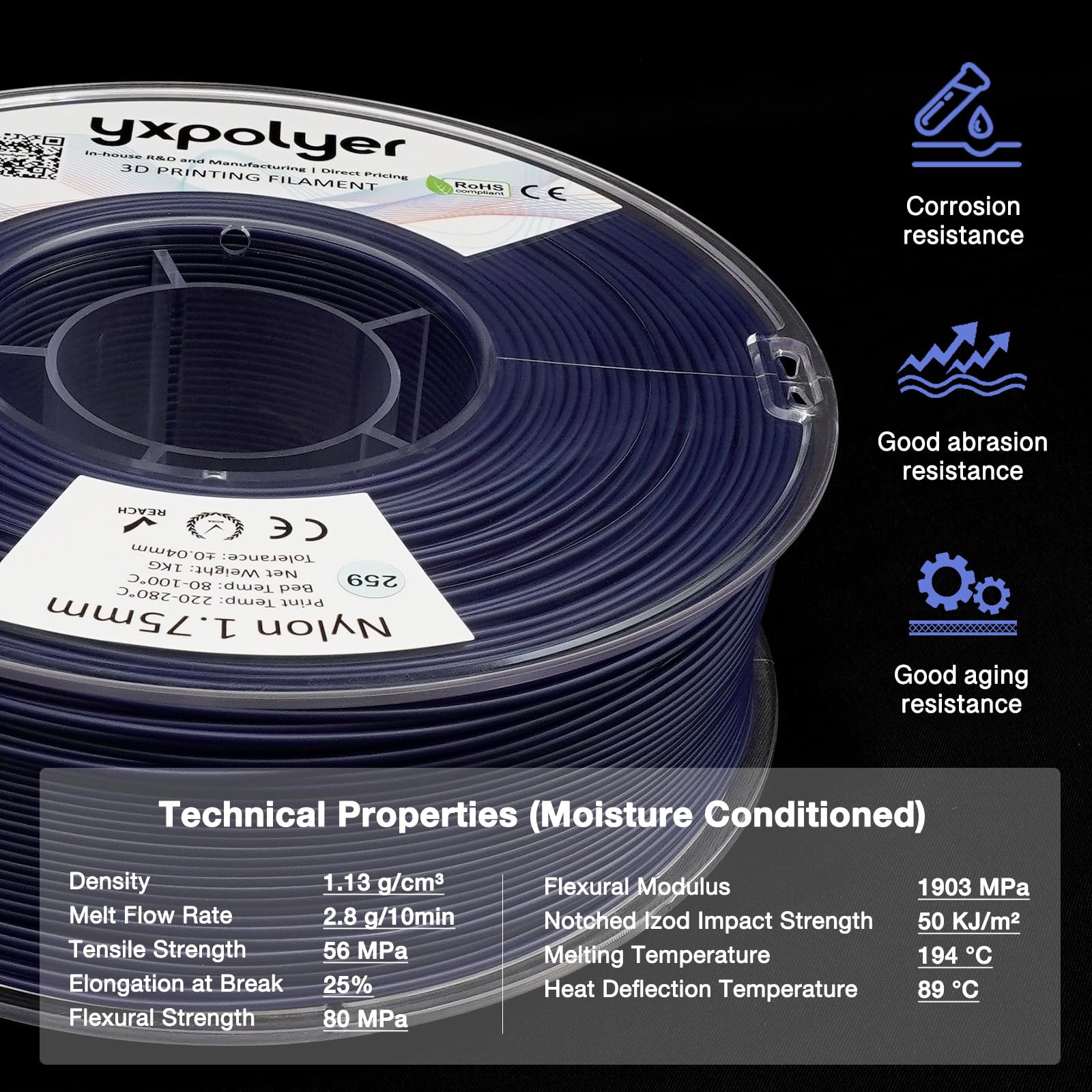 YXPOLYER Nylonowy filament do drukarki 3D, niebieski PA6, 1 kg, nylon z odporną na wysoką temperaturę szpulą kompatybilną z AMS, filament do drukowania 3D, Easy PA, 1,75 mm