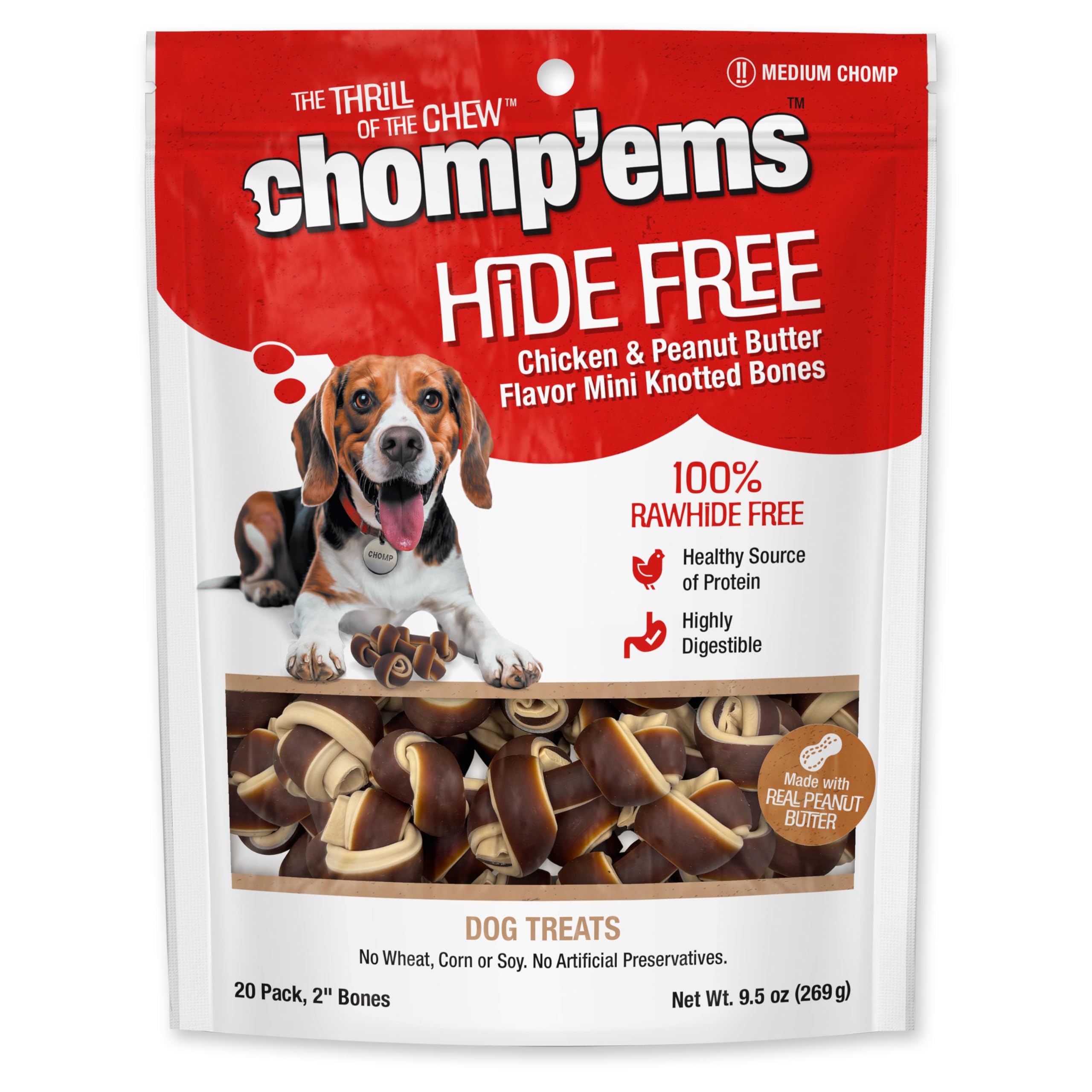 CHOMP 'EMS Chicken & Peanut Butter Hide Free Dog Chews - Rawhide Free Dog Treats - No Hide Alternative Chew Treat for All Life Stages, Bones, 2", 20