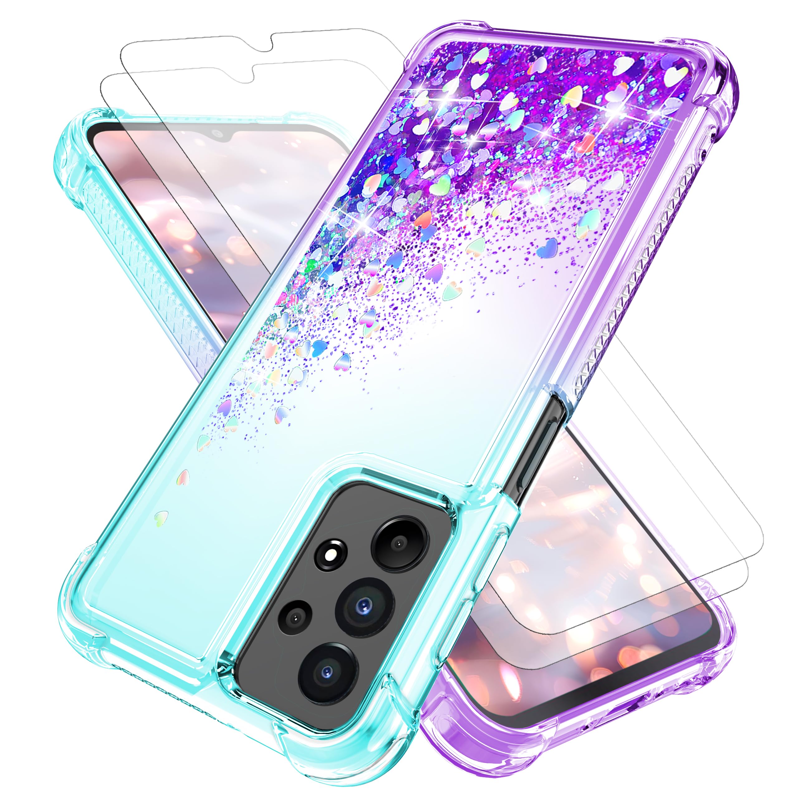 for Samsung Galaxy A13 4G Case with Screen Protector*2, Clear Liquid Sparkle Glitter Floating Quicksand Phone Case, Soft TPU Bumper Shockproof