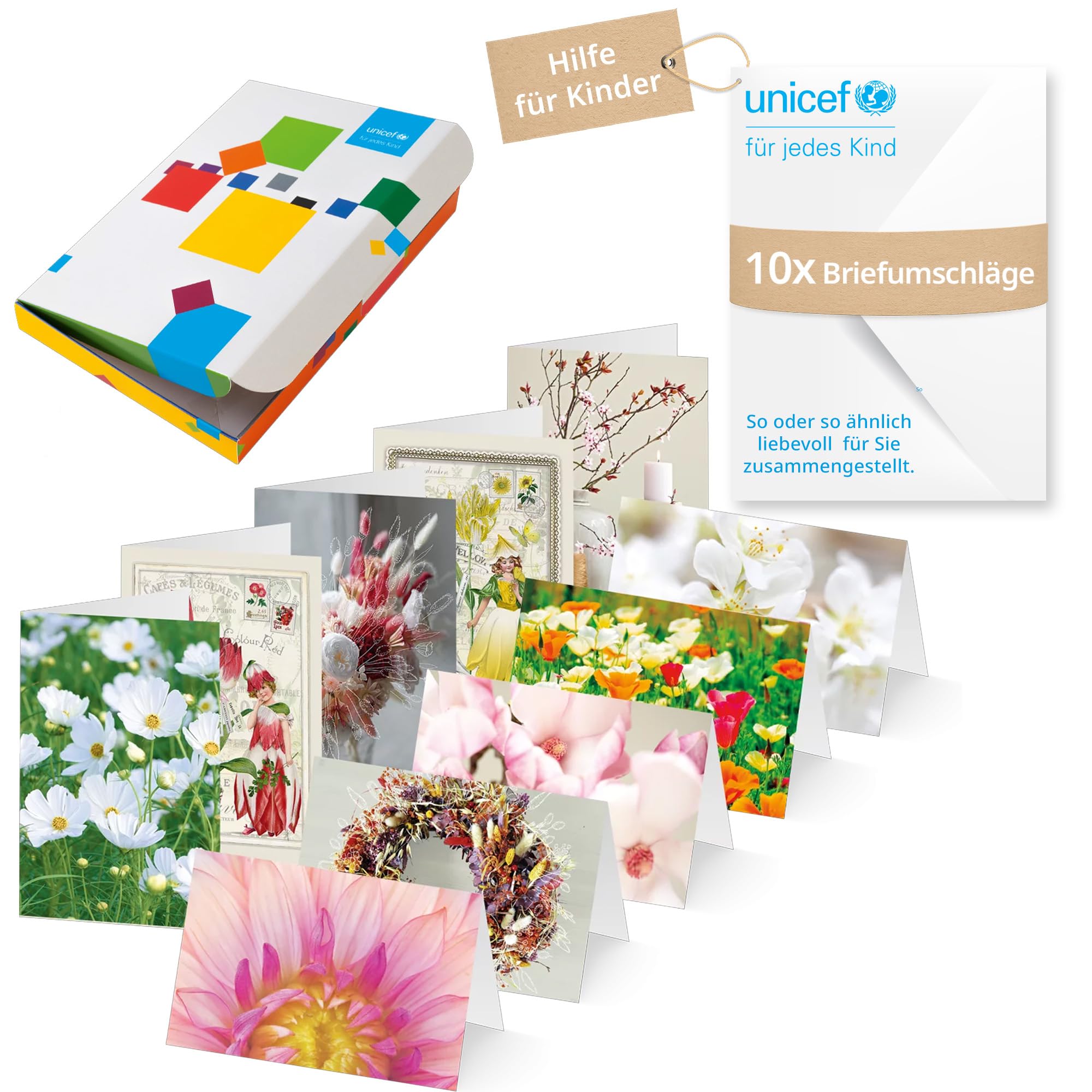 Unicef Grusskarten Set Blumenkarten Überraschungsbox | 10 Klappkarten mit Umschlägen | nachhaltige Spendenkarte | pro verkauftem Set wird Kindern geholfen | klimaneutral produziert in Deutschland