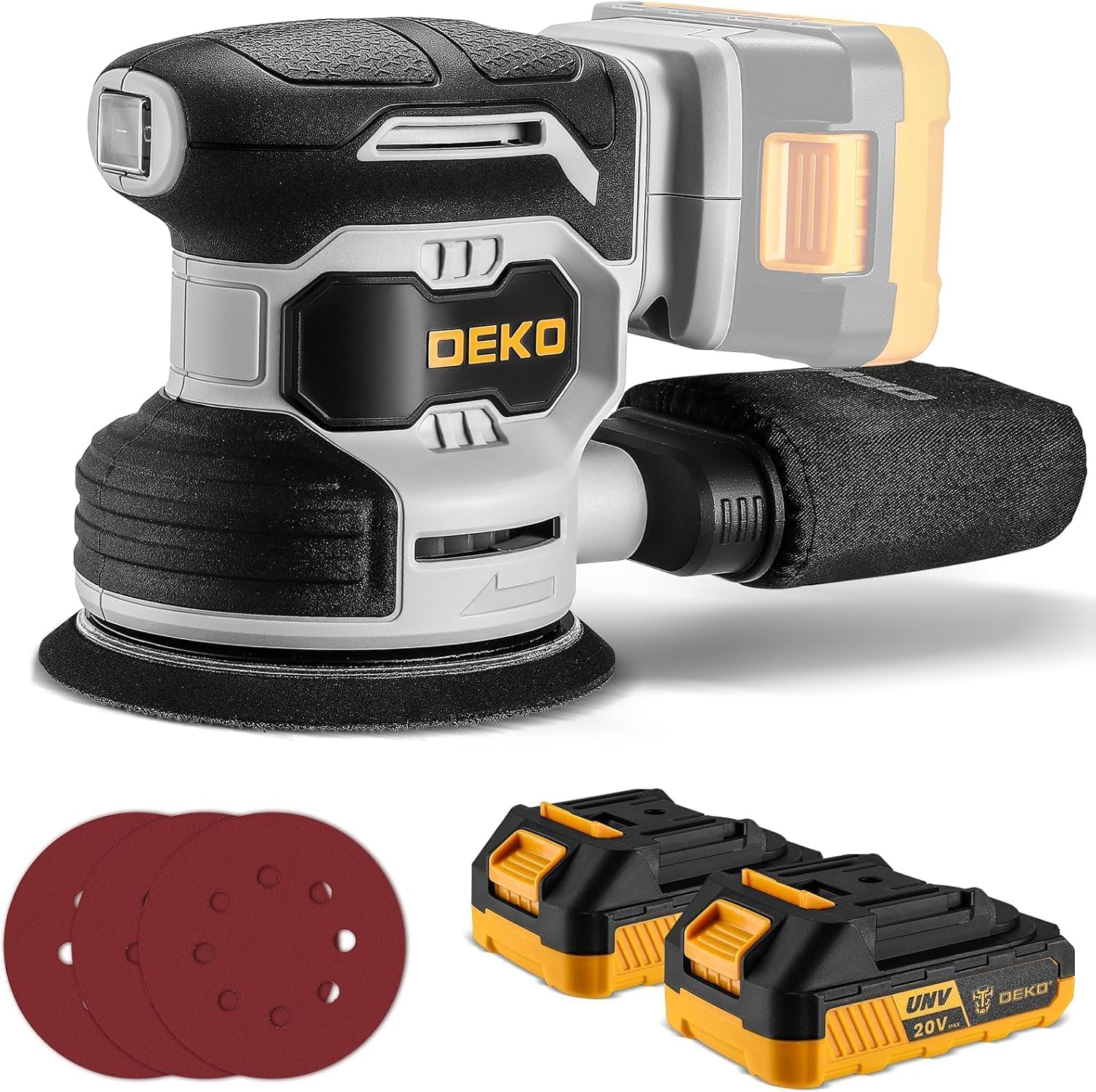 Cordless Orbital Sander: DEKOPRO 20V Random Orbit Sander, 5inch Power Palm Sander Electric Sanders Tool with 2 Batteries, Charger, Dust Collector, 16 Pcs Sanding Discs for Woodwroking