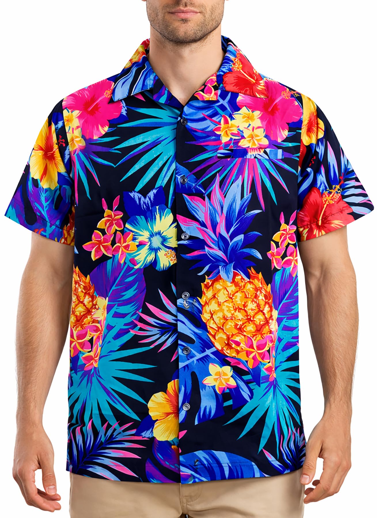 Men's Pineapple-Designs Summer-Party-Shirts Short-Sleeve, Pineapple, Black-Blue, M