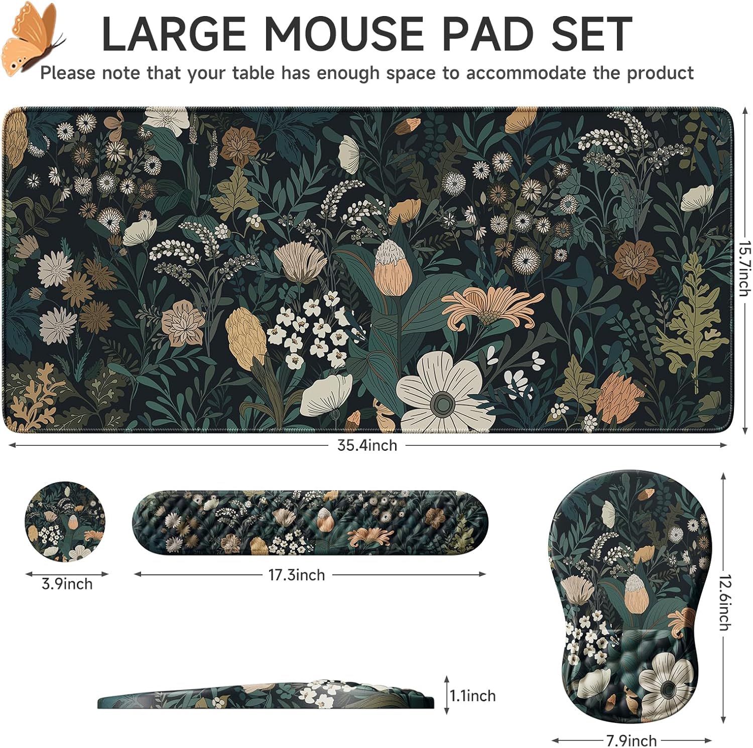 iLeadon Floral Desk Mat, Large Mouse Pad for Desk, Ergonomic Mouse Pad with Wrist Support, Smooth Gaming Desk Mat, Non Slip Desk Pad for Keyboard and Mouse(Grass)
