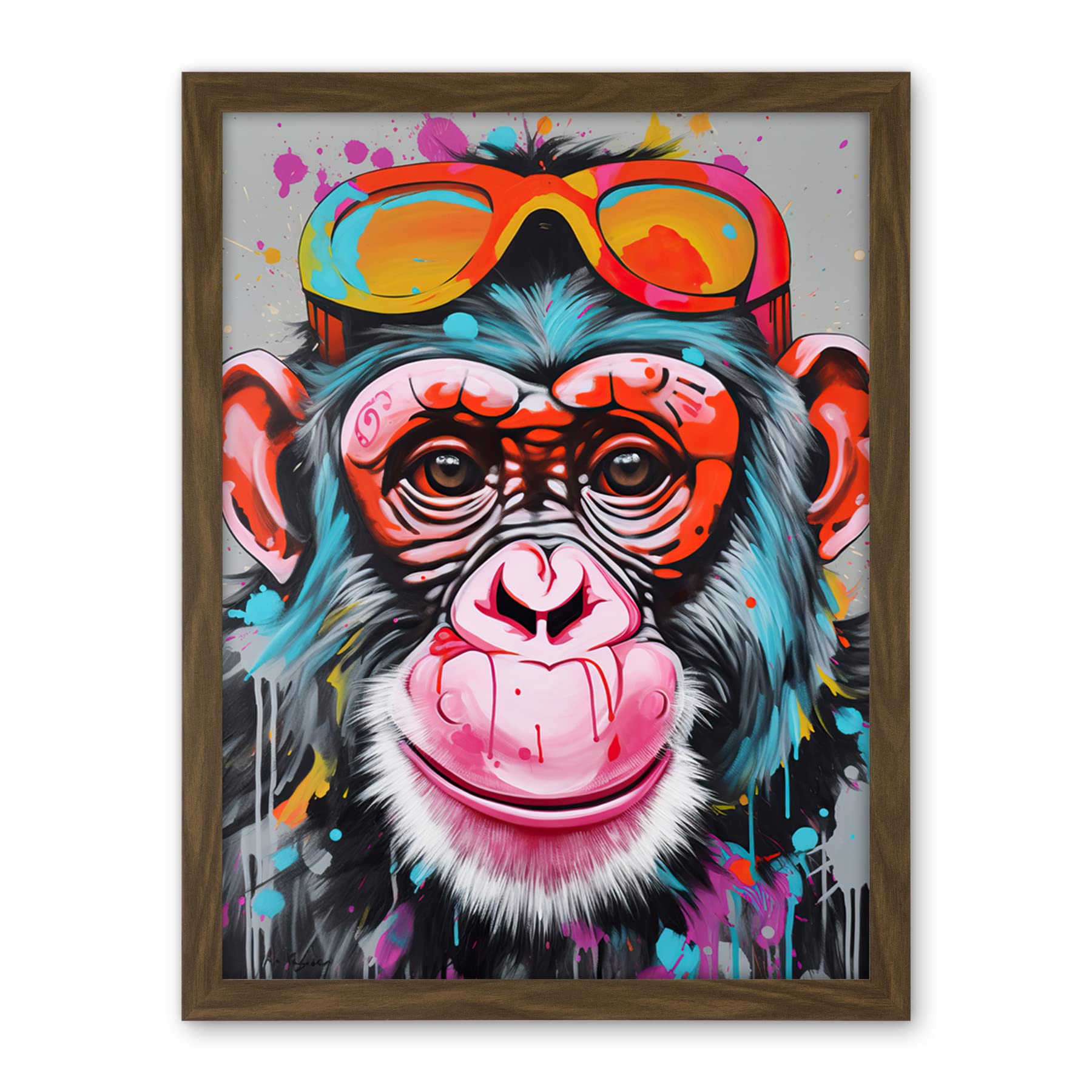 Artery8 Chimpanzee Monkey With Sunglasses Graffiti Pop Art Artwork Framed Wall Art Print 18X24 Inch