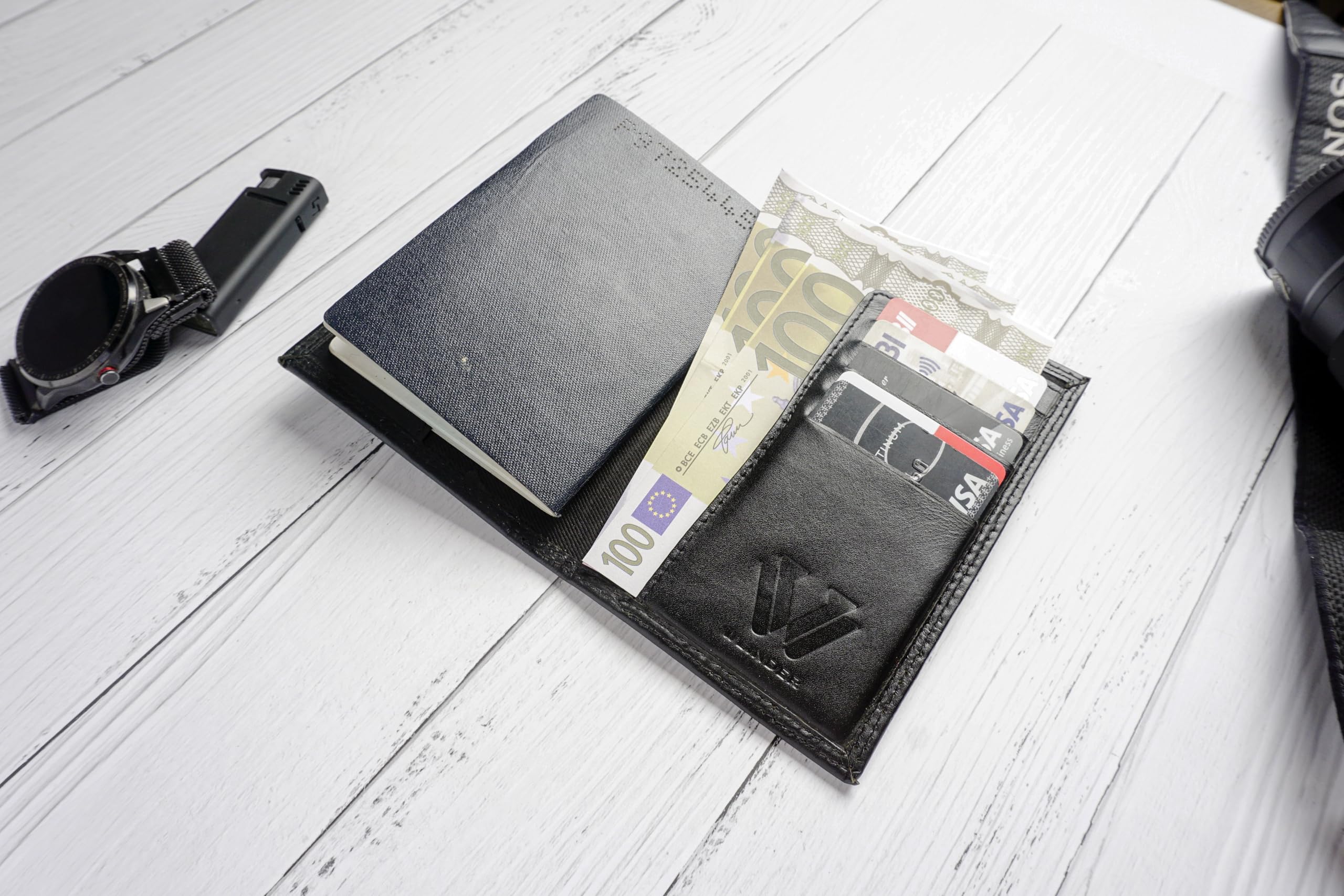 Funda de piel auténtica para pasaporte, elegante y duradera, soporte para pasaporte para hombres con múltiples ranuras para tarjetas y protección RFID (negro), Negro obsidiana, Elegante