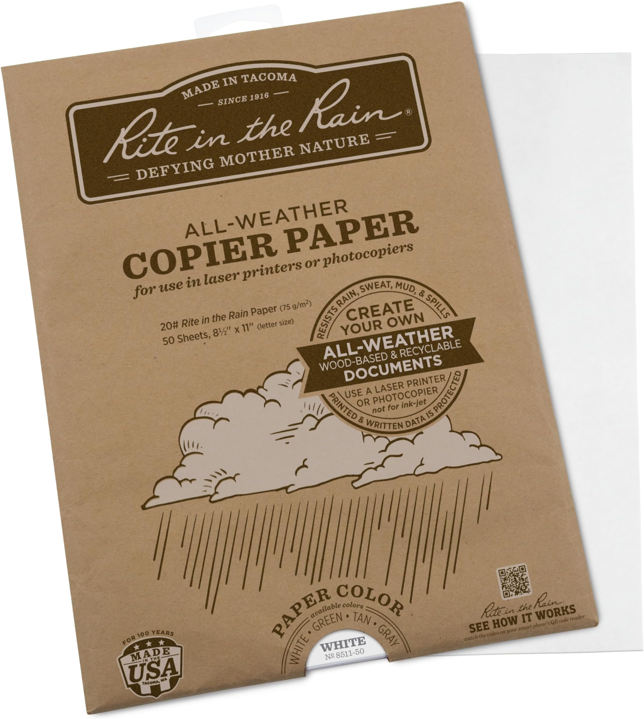Rite In The Rain Waterproof Laser Printer Paper, 8 1/2" x 11", 20#, White, 50 Sheets per Pack (No. 8511-50)