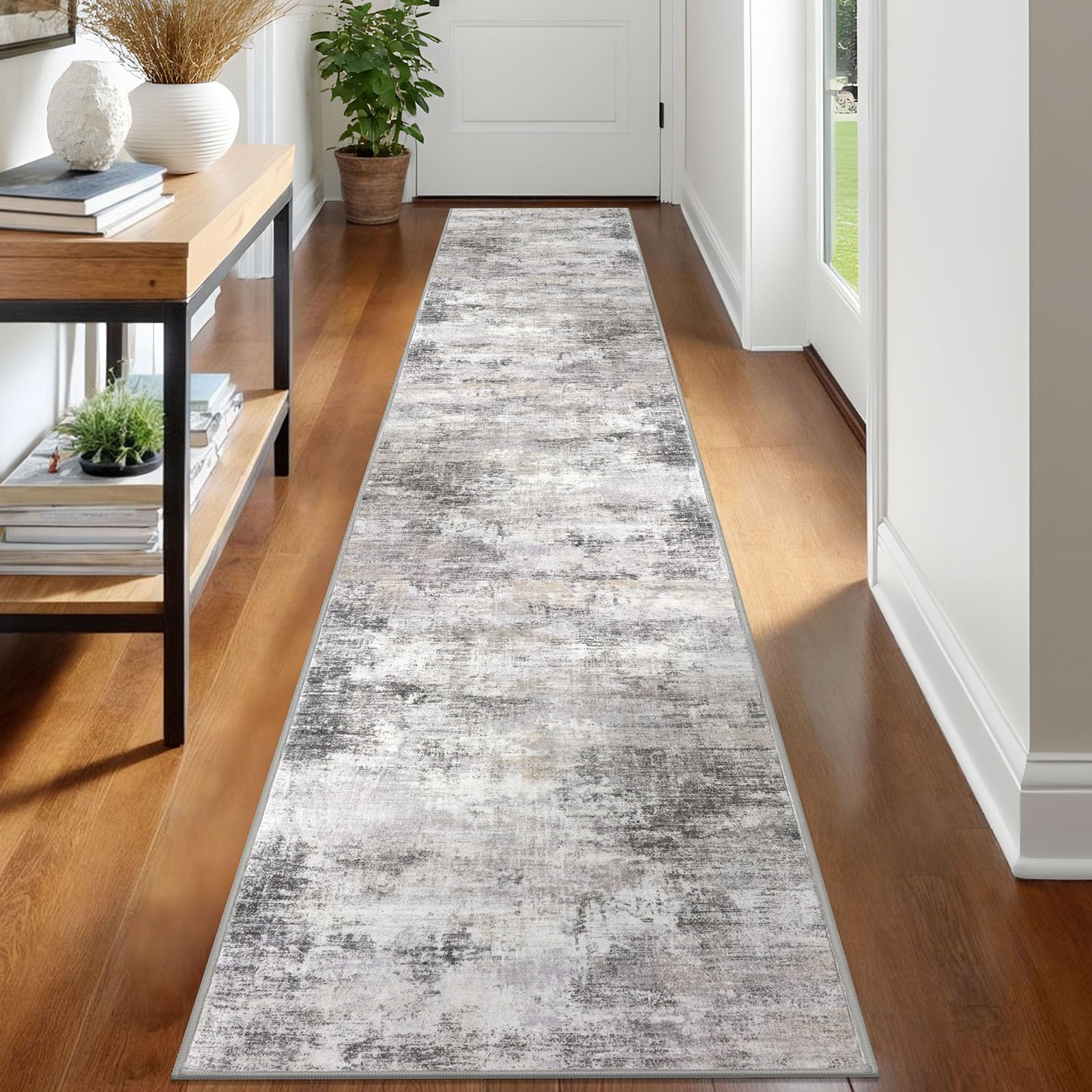 IOHOUZE Abstract Runner Rug 2x12 Ft Washable Runners for Hallways, Non Slip Kitchen Runner Printed Faux Wool Entryway Runner Indoor, Modern Abstract