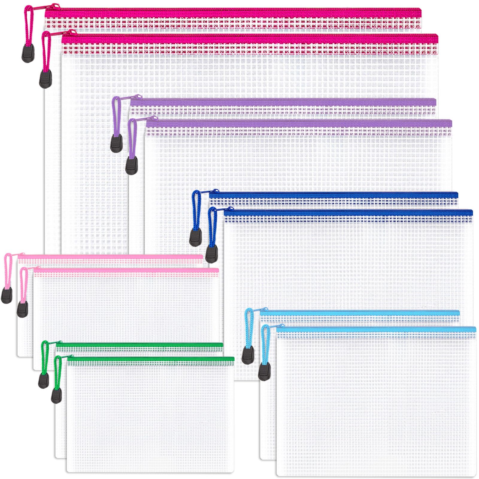 Plastic Zip Wallets - 12PCS Multi-Size Mesh Zipper File Folders Plastic Zip Lock Bags Waterproof Document Storage Bags for Classroom Organization, Homework, Craft Projects & Cosmetics (6 Sizes)