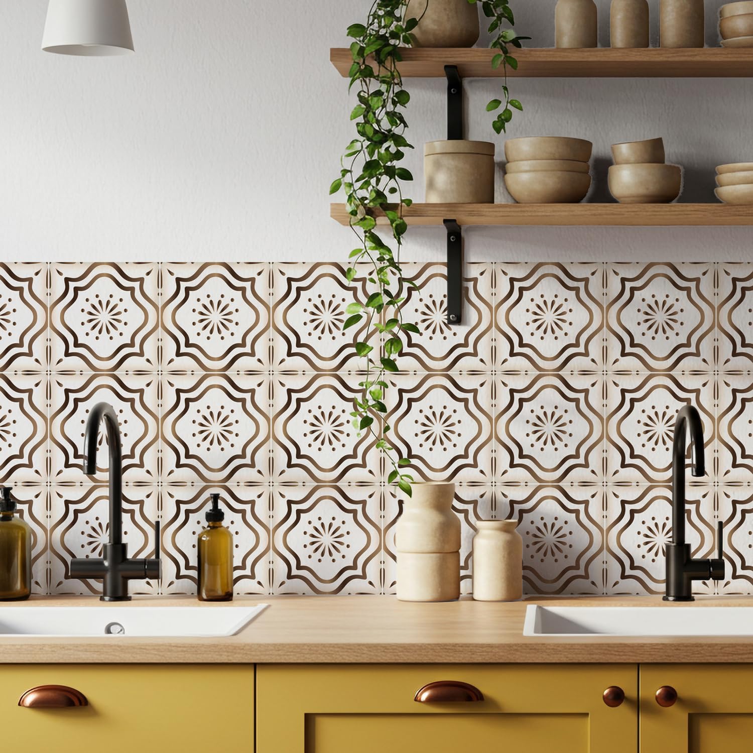 16 Count Moroccan Tile Decals 5.9 inch – Self Adhesive Vinyl Wall Stickers, Waterproof Peel & Stick for Kitchen Backsplash, Bathroom, Stair Tread Accent (Brown)
