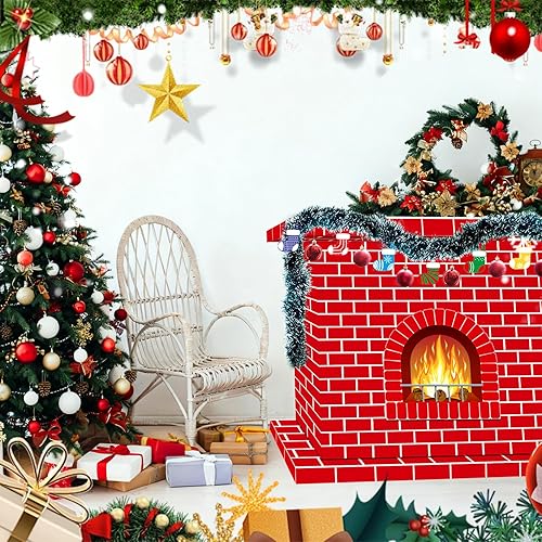 Miniatura 5 de Chimenea de cartón de Navidad de 41 x 35 pulgadas, 3D artificial de ladrillo rojo para chimenea con guirnalda de llama de fuego, calcetines, tarjeta