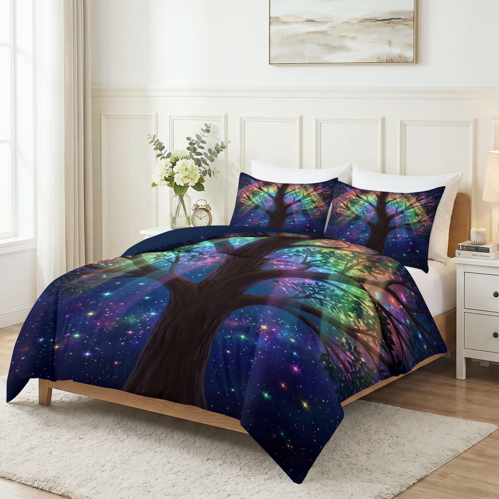 Pościel 3D, 200 x 200 cm, rośliny, gwiaździste niebo, fantazyjne, świecące drzewo, miękka, nie wymaga prasowania, oddychająca, z zamkiem błyskawicznym, w zestawie 2 poszewki na kołdrę i 2 poszewki na