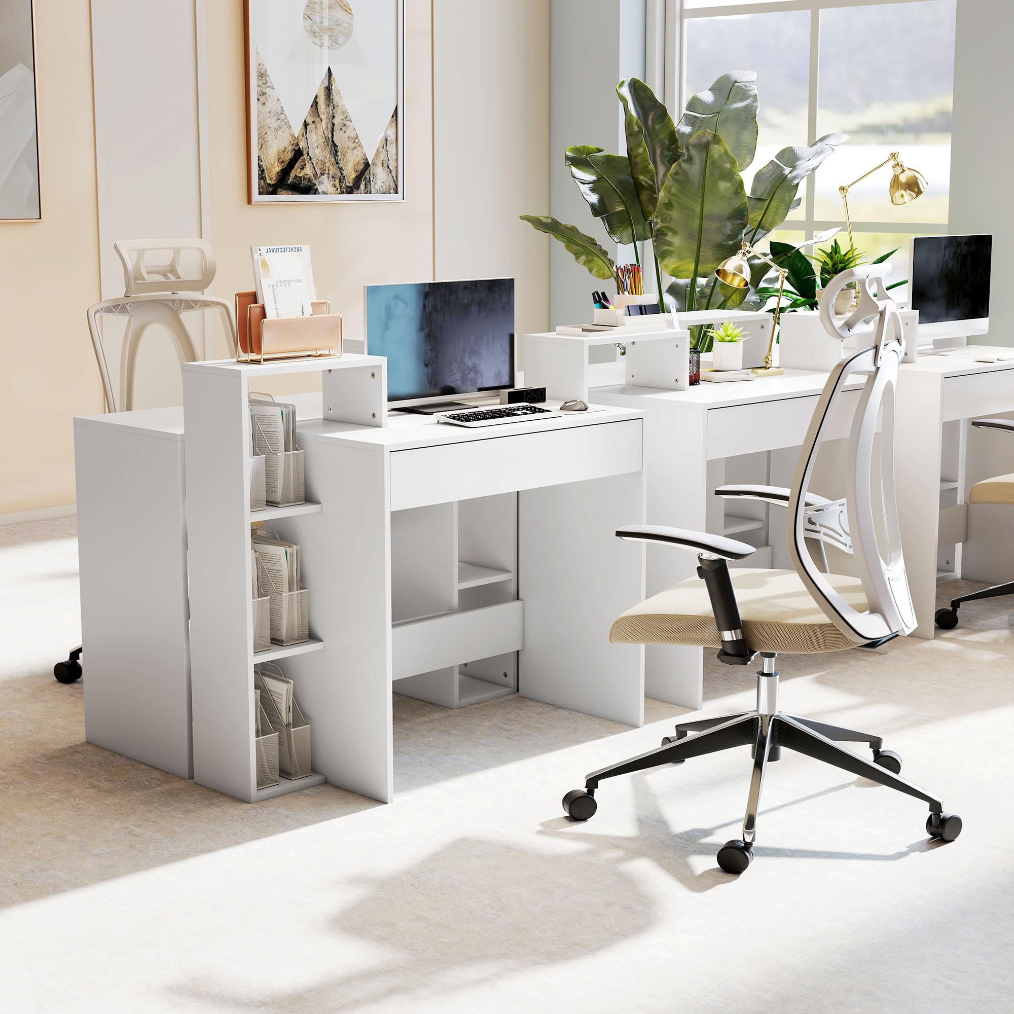 HOMCOM Scrivania Salvaspazio Moderna con 3 Ripiani Aperti e Cassetto Grande, Scrivania con Libreria in Legno, Tavolo Porta PC per Computer, per Ufficio, Studio e Camera da Letto, 100x40x90cm, Bianco