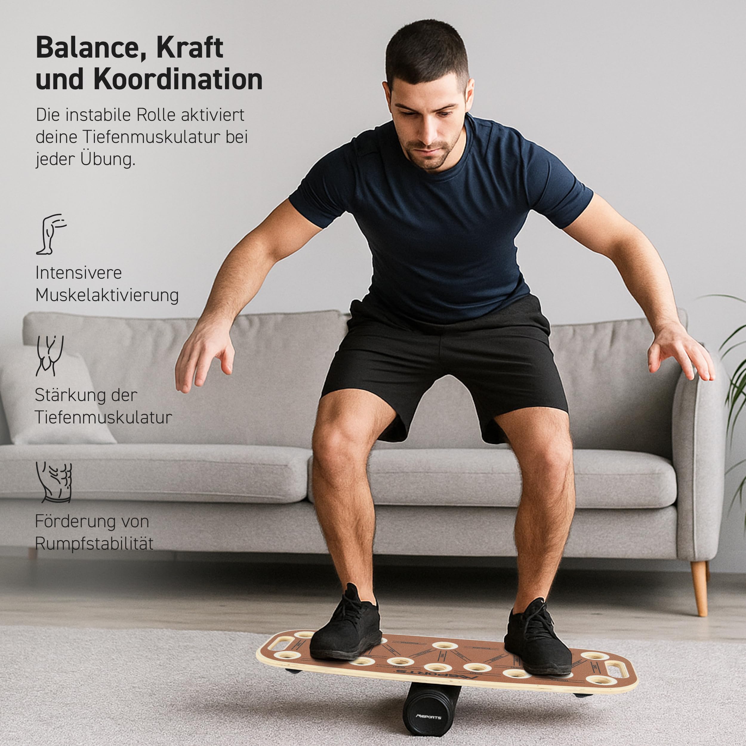 MSPORTS Push-Up Board Holz Premium mit Rolle – Multifunktionales Liegestützbrett für Core, Balance & Krafttraining – 15 Griffpositionen, massive Griffe, Anti-Rutsch, Home Gym Fitnessgerät
