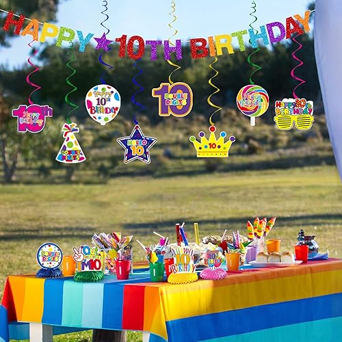 Miniatura 5 de Decoraciones de cumpleaños número 10 para niñas y niños, pancarta de feliz cumpleaños 10 con espirales colgantes, kit de decoración de centros de