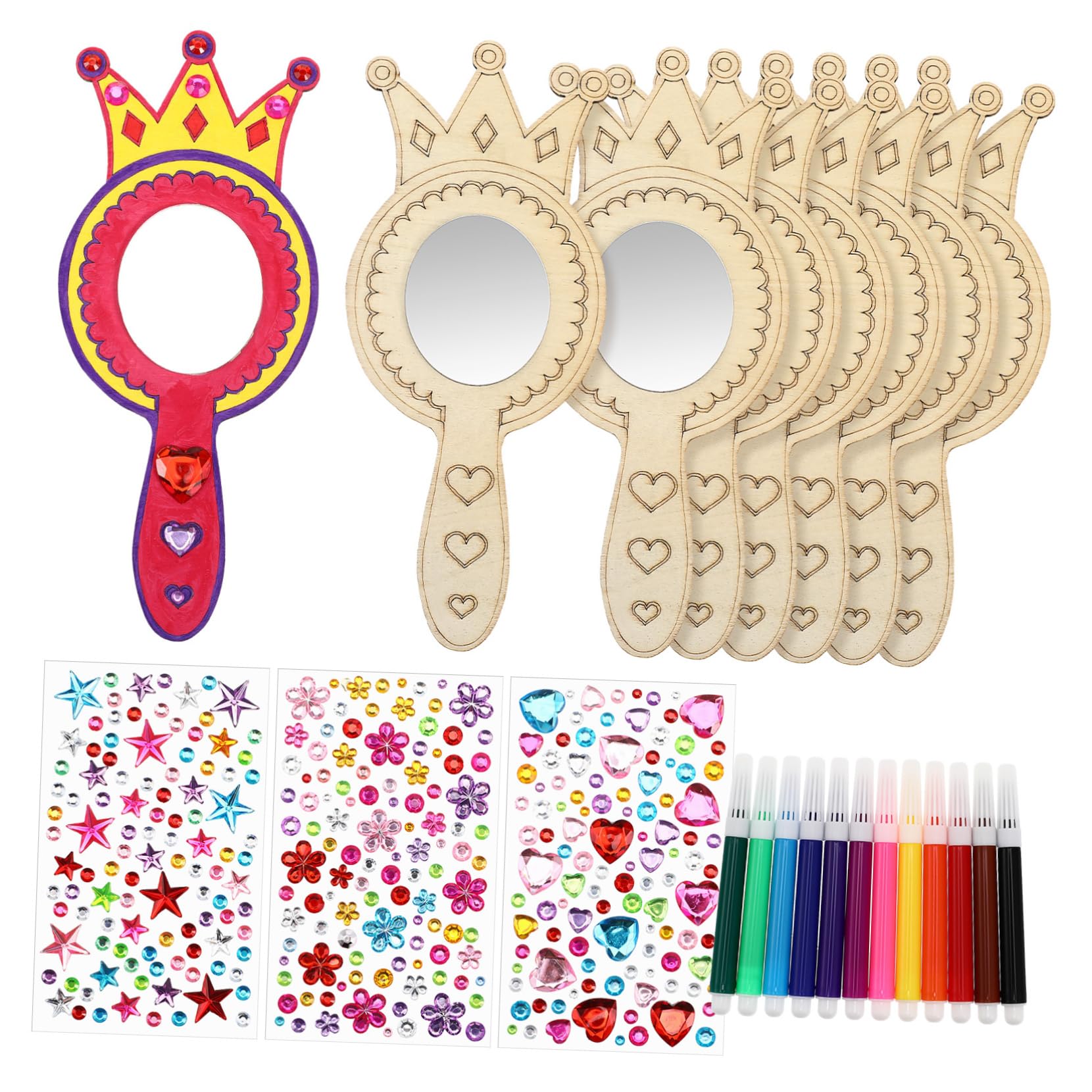 LALADEFIEE 1set Mirror Kit for Boy Girl Unfinished Wood Craft Watercolor Pens and Stickers for Princess Parties and Creative Play for Boys and Girls