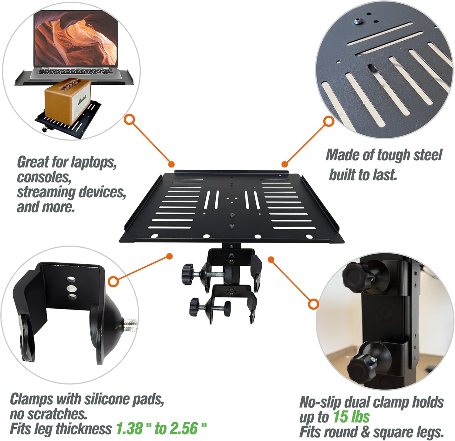 Dual-Clamp Desk Leg Shelf – 13.4" x 9.8" Under Shelf for Mobile TV Stand – Sturdy Clamp-on Storage Tray for Laptops, Consoles & Accessories – Metal Design for Desk & TV Stand Use