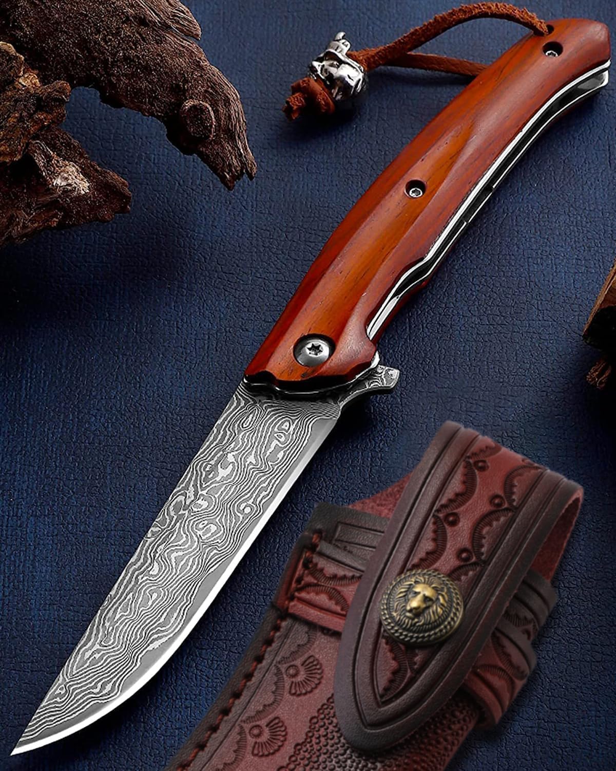 Omesio Damascus Folding Pocket Knife with Leather Sheath, Handcrafted 5-Inch Damascus Steel Hunting Knife with Vg10 Core, Wooden Handle, EDC Japanese Knife with Liner Lock for Outdoor Survival Camping