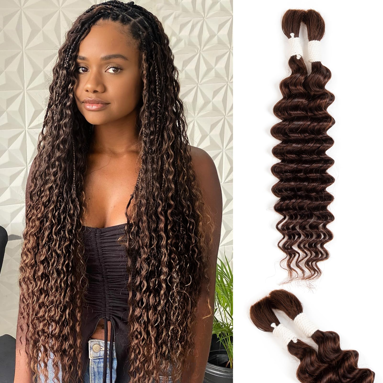 Human Braiding Hair Deep Water Wave 2 Bundles/Pack 50g 16 Inch, Dark Brown Bulk Human Hair Braiding Hair for Boho Braids