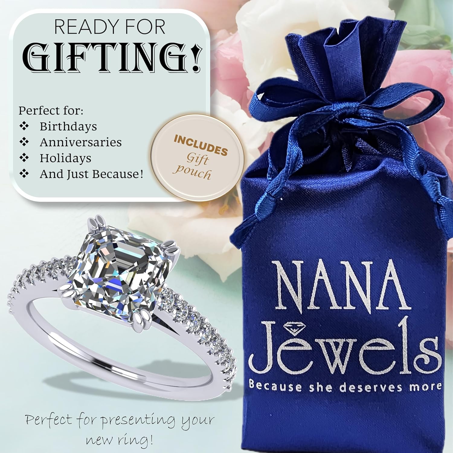 NANA Jewels 2.00ct Asscher cut Cathedral Solitaire simulated Diamond Engagement Ring Sterling Silver - Image 6